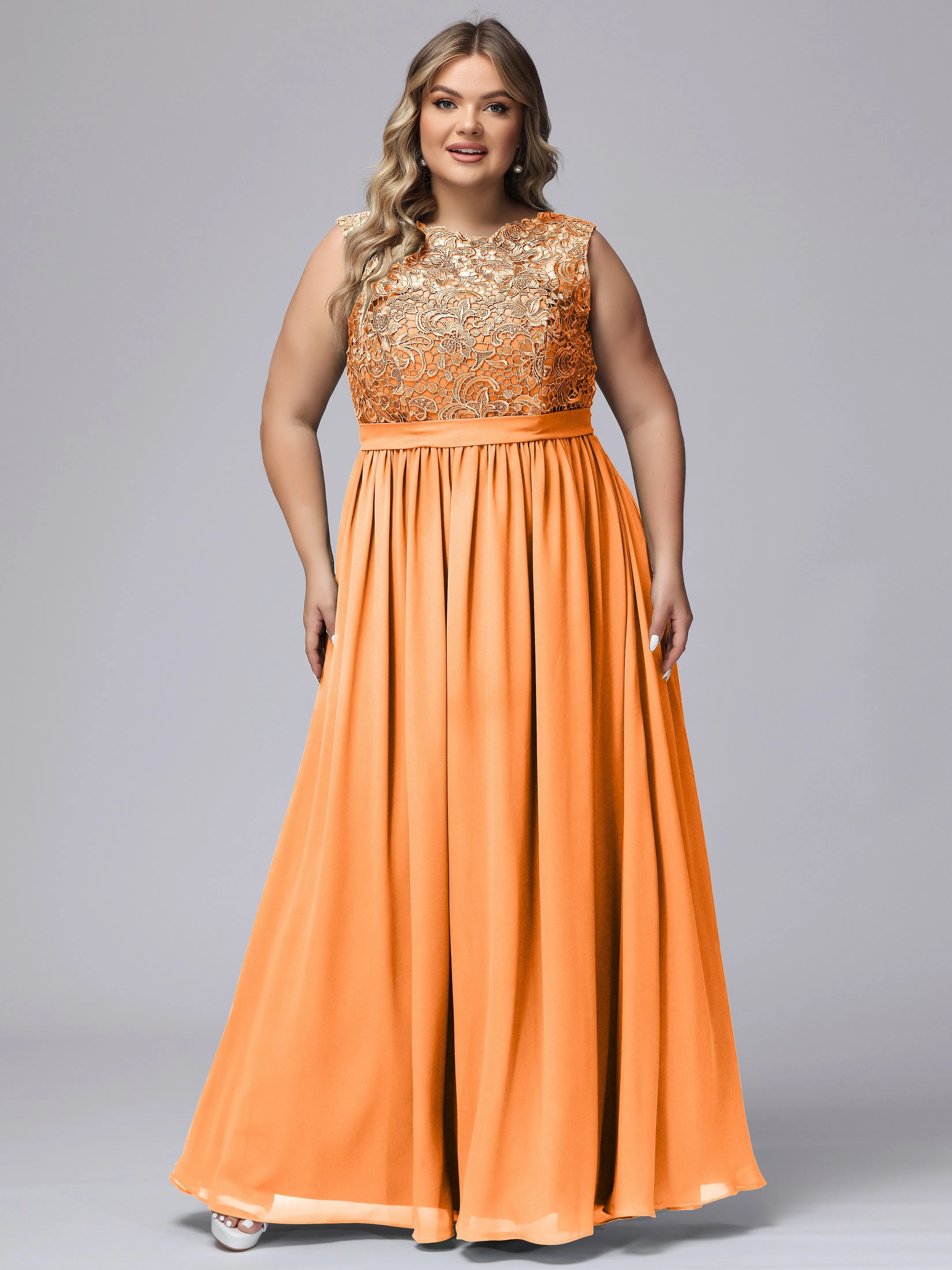 A-Line Sleeveless Lace Top Chiffon Plus Size Bridesmaid Dresses