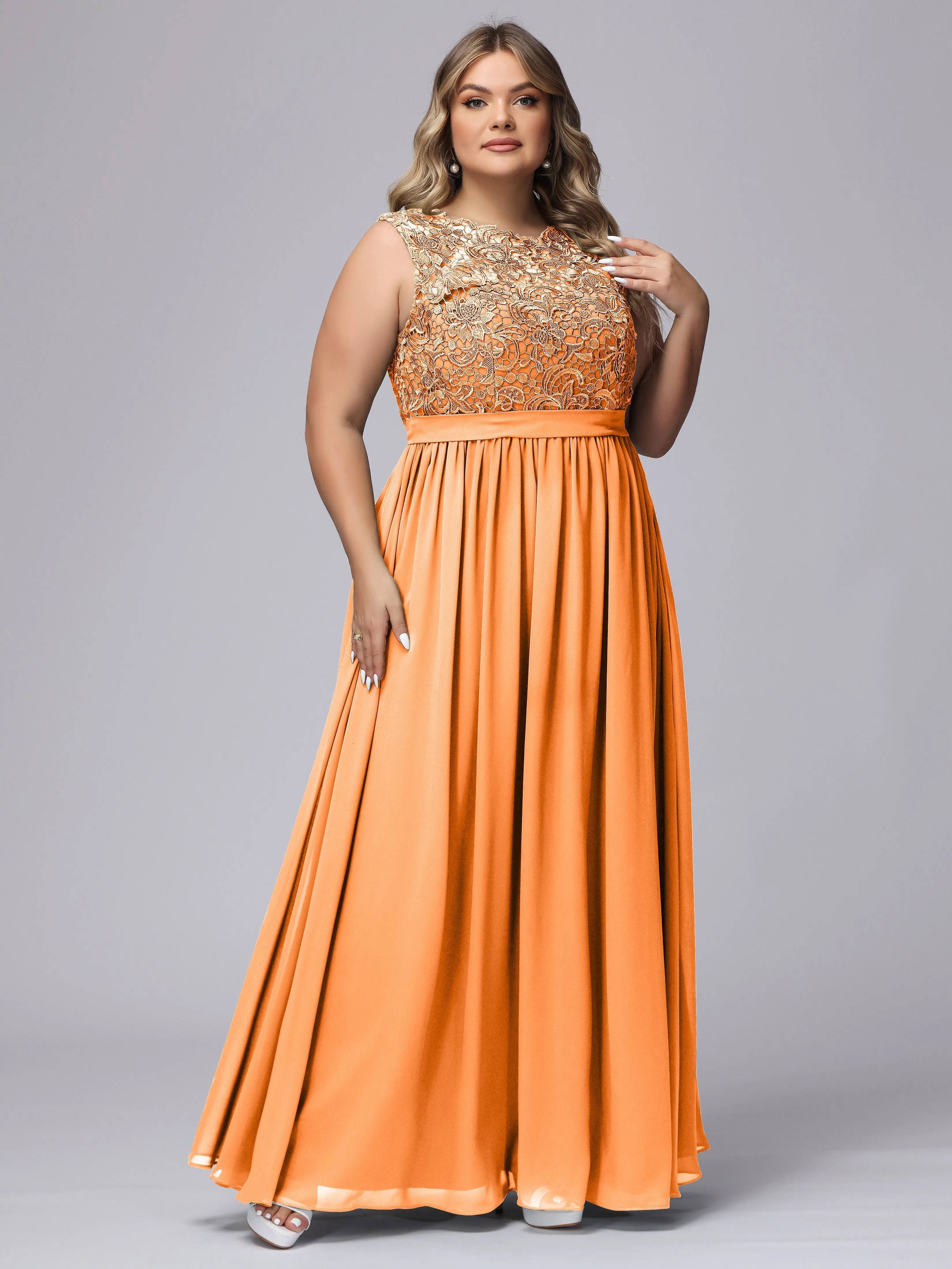 A-Line Sleeveless Lace Top Chiffon Plus Size Bridesmaid Dresses