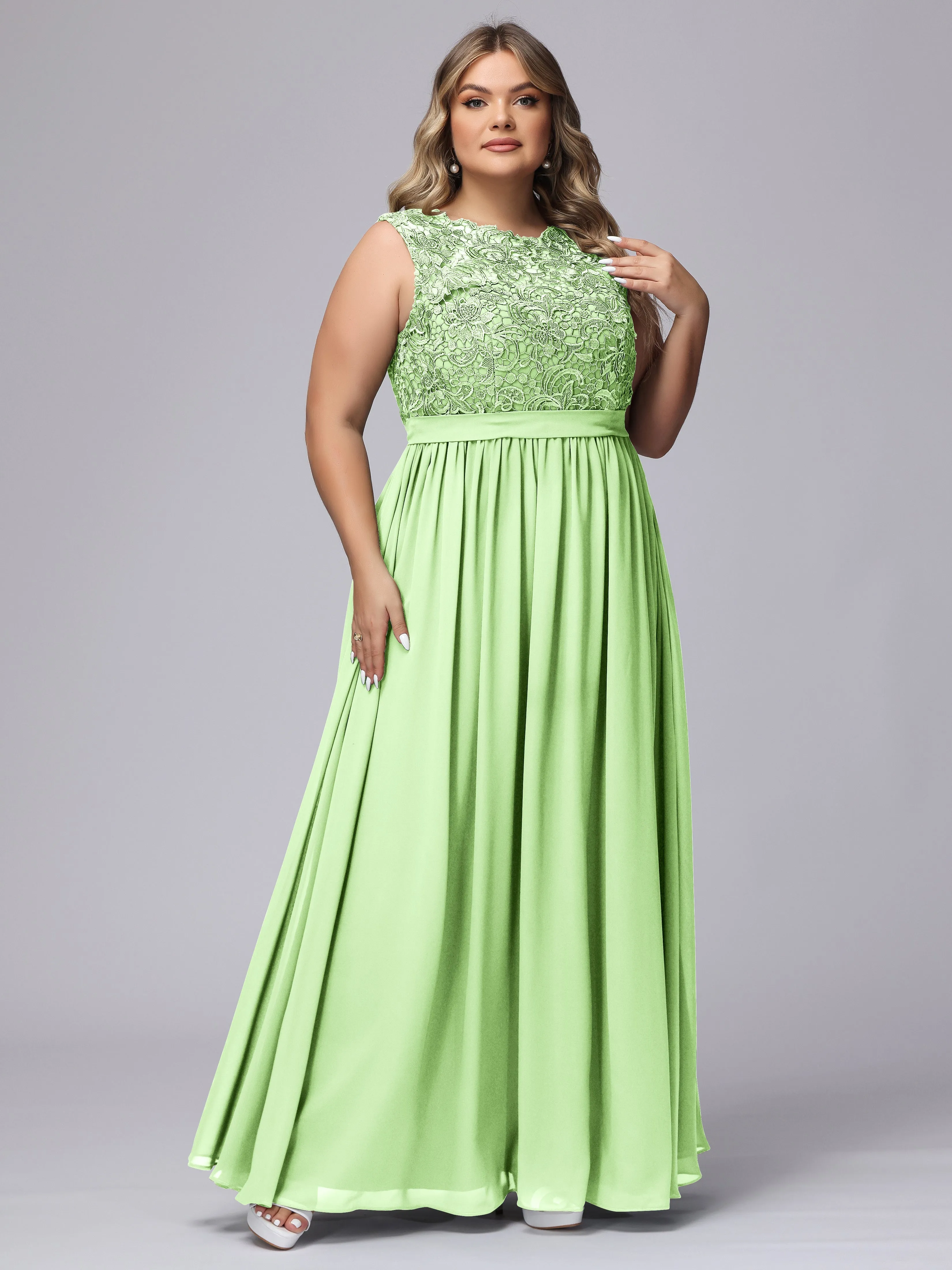 A-Line Sleeveless Lace Top Chiffon Plus Size Bridesmaid Dresses