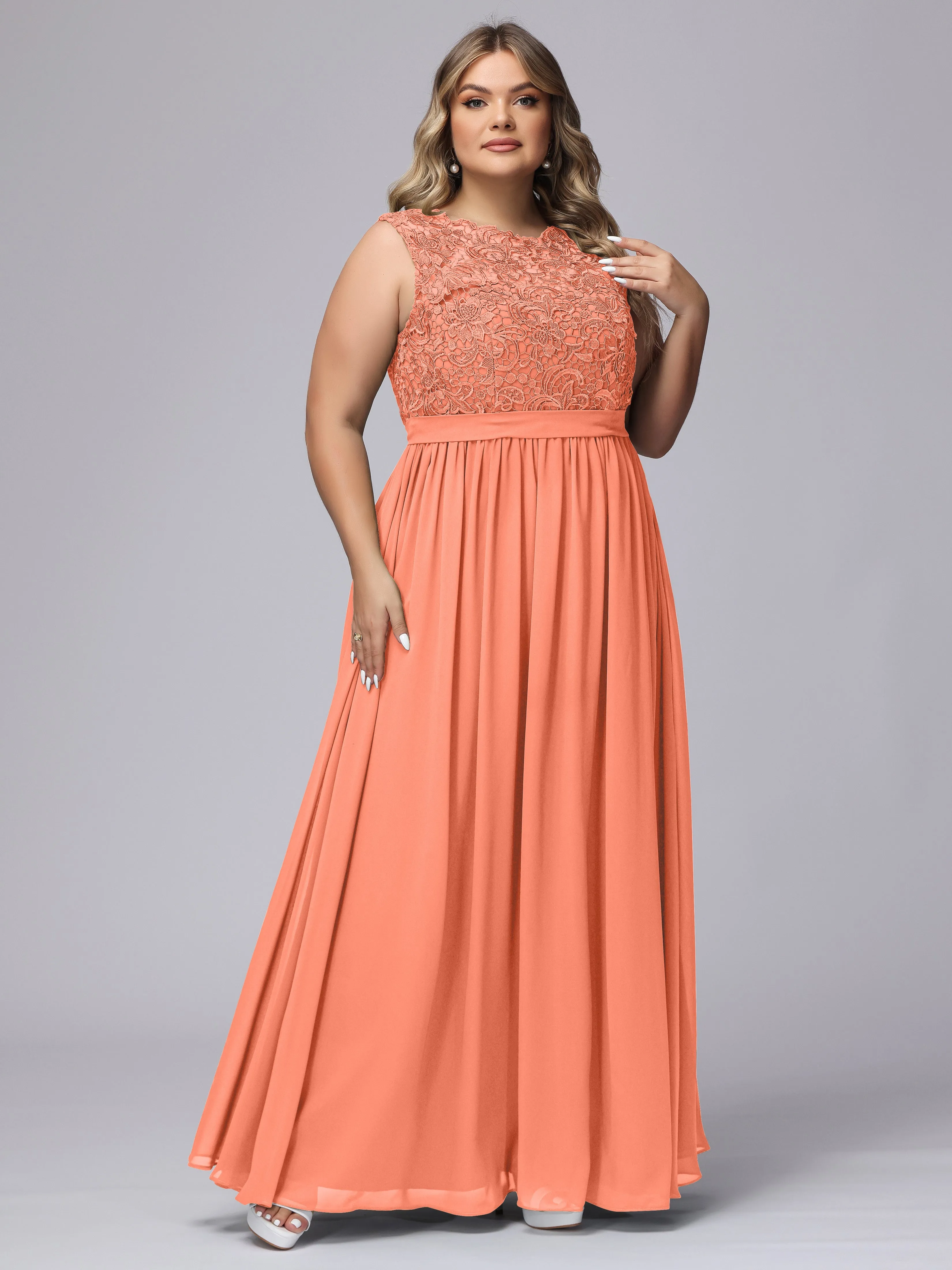 A-Line Sleeveless Lace Top Chiffon Plus Size Bridesmaid Dresses