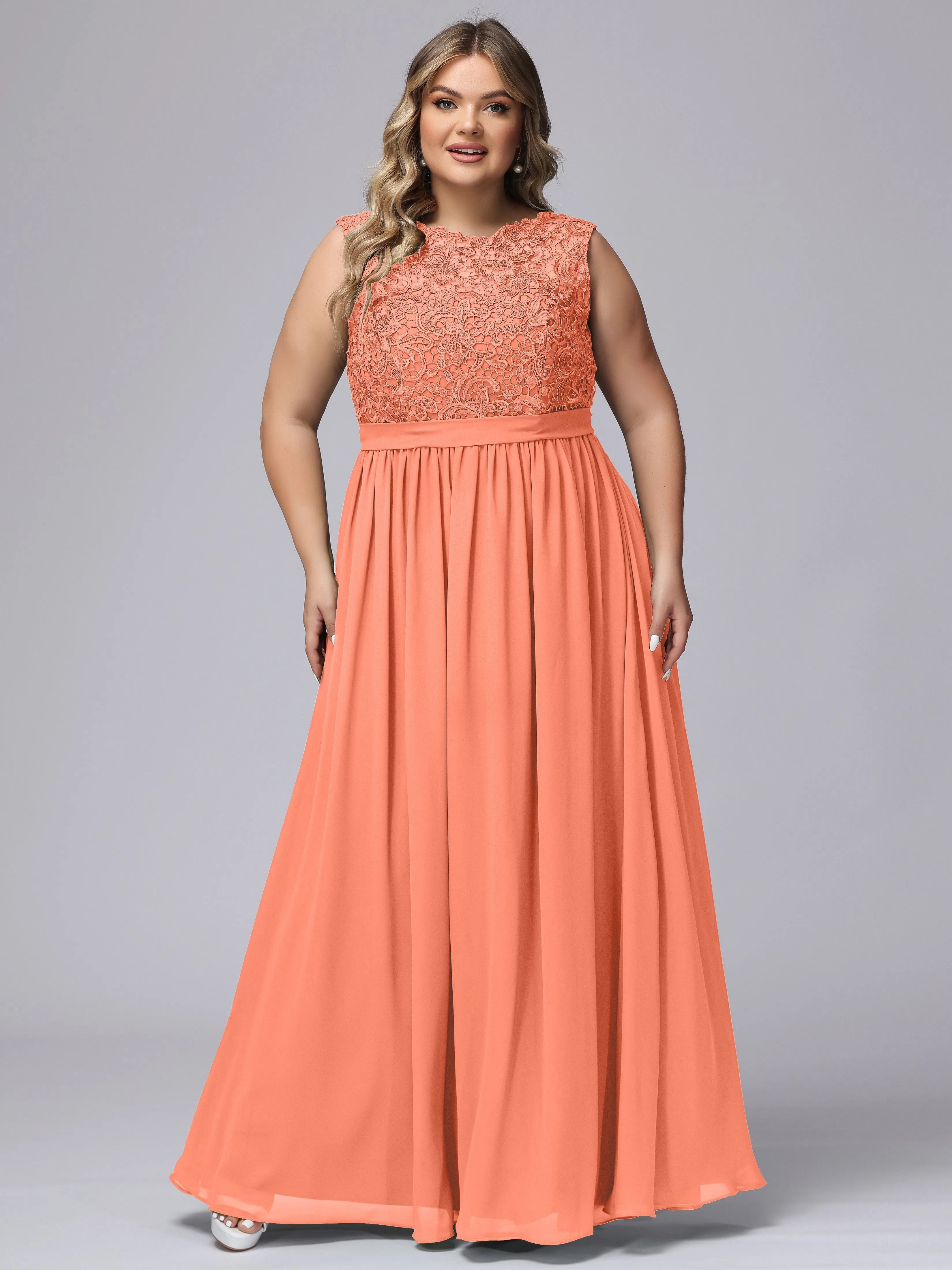 A-Line Sleeveless Lace Top Chiffon Plus Size Bridesmaid Dresses