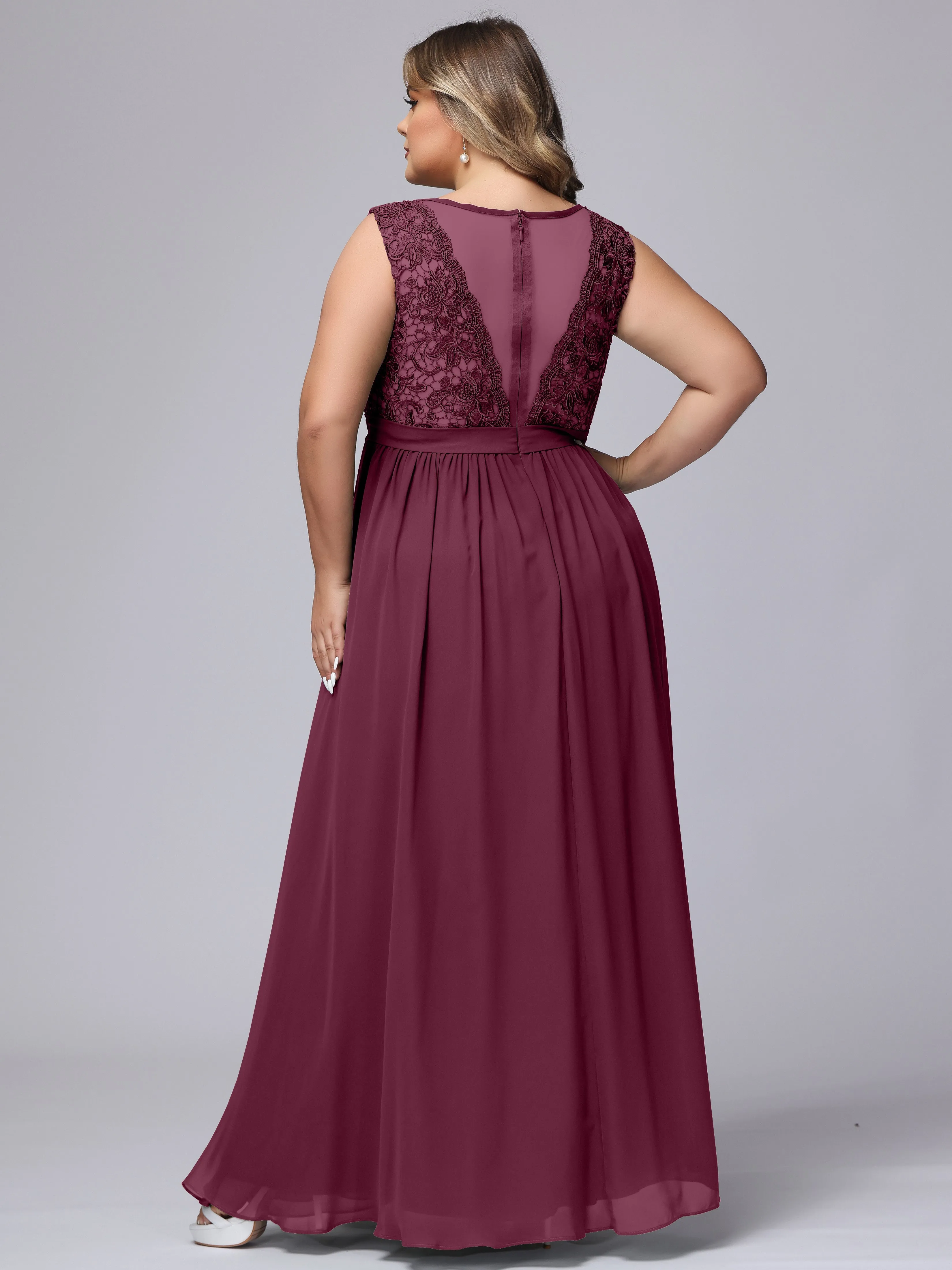 A-Line Sleeveless Lace Top Chiffon Plus Size Bridesmaid Dresses