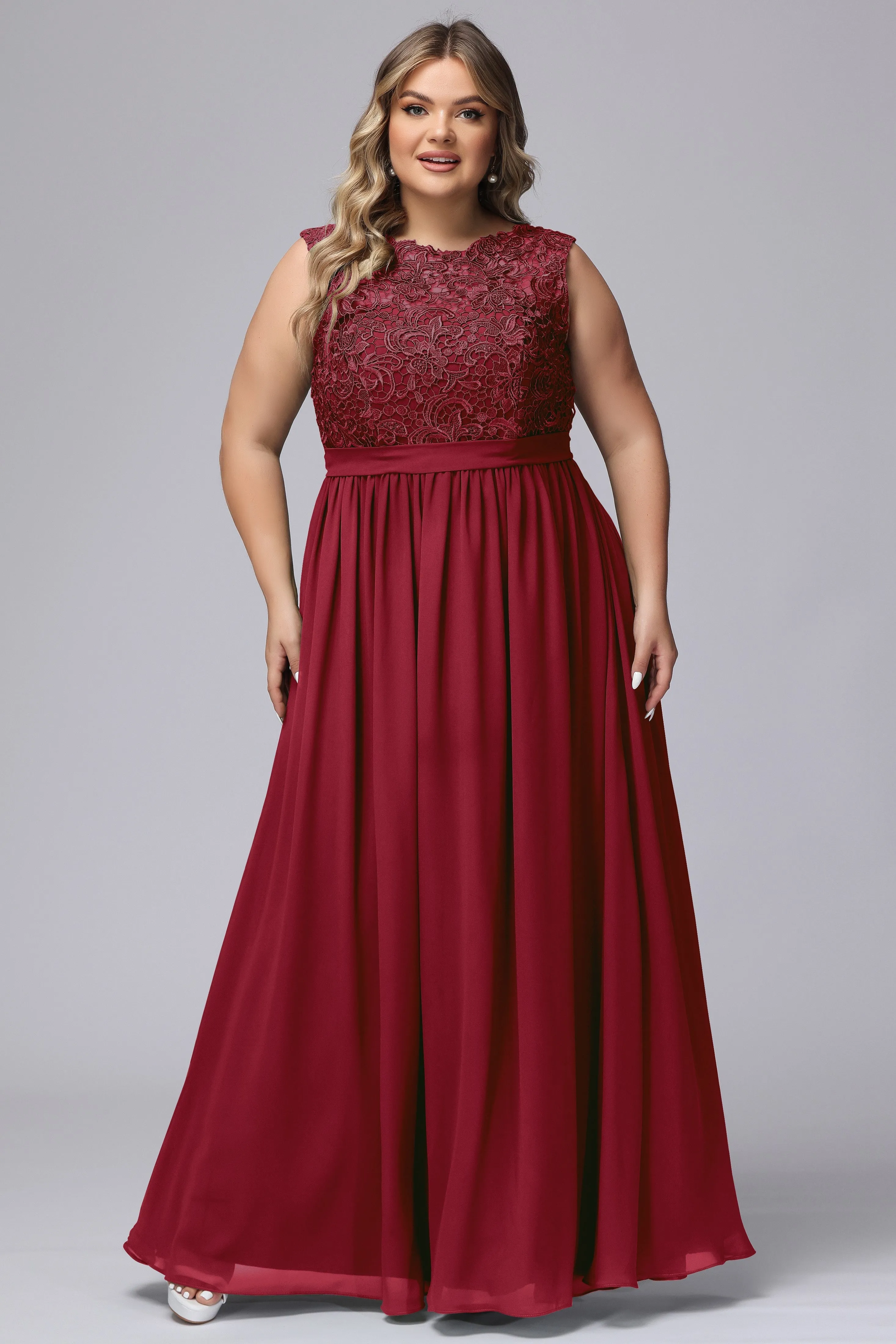 A-Line Sleeveless Lace Top Chiffon Plus Size Bridesmaid Dresses
