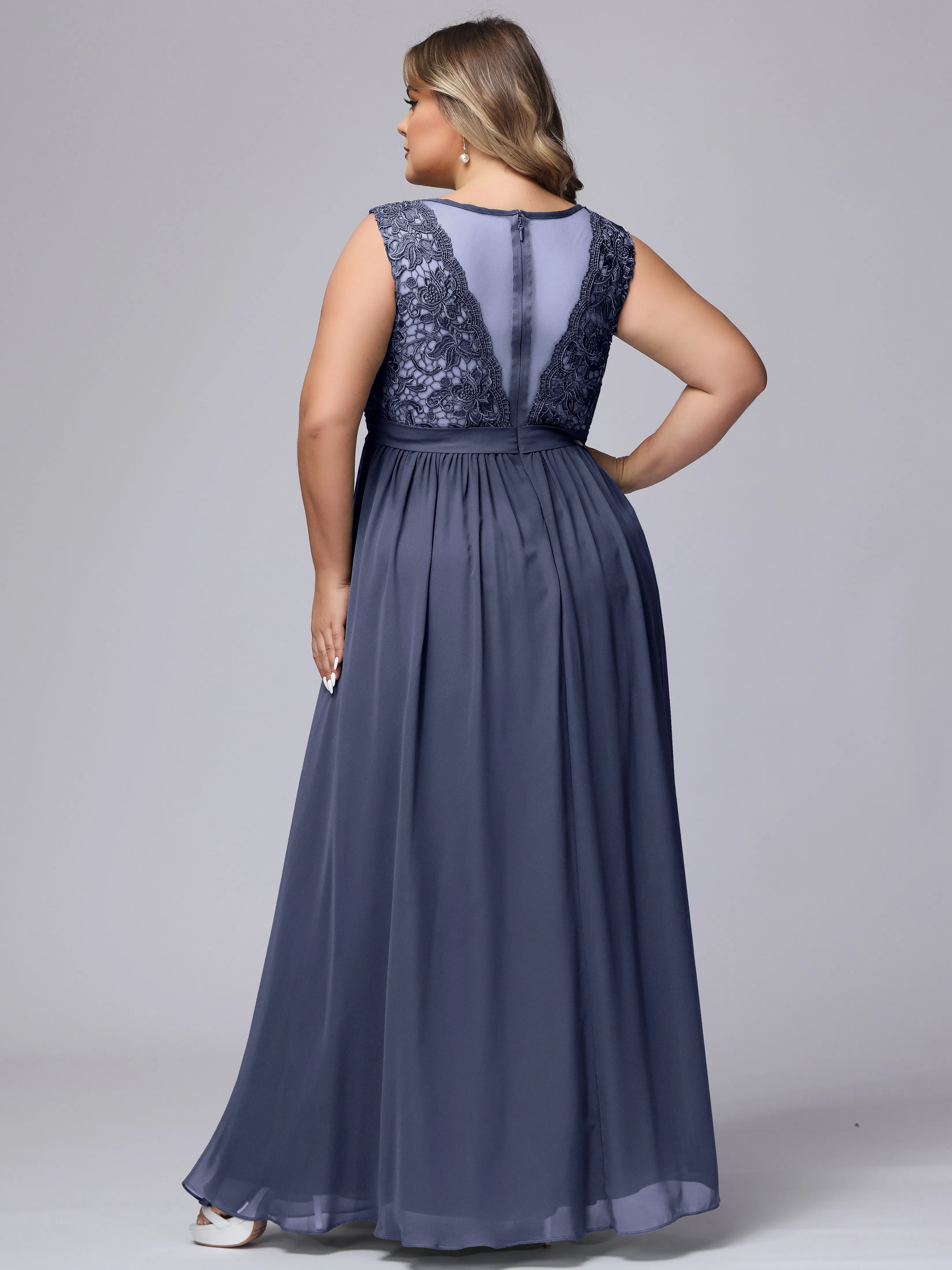 A-Line Sleeveless Lace Top Chiffon Plus Size Bridesmaid Dresses
