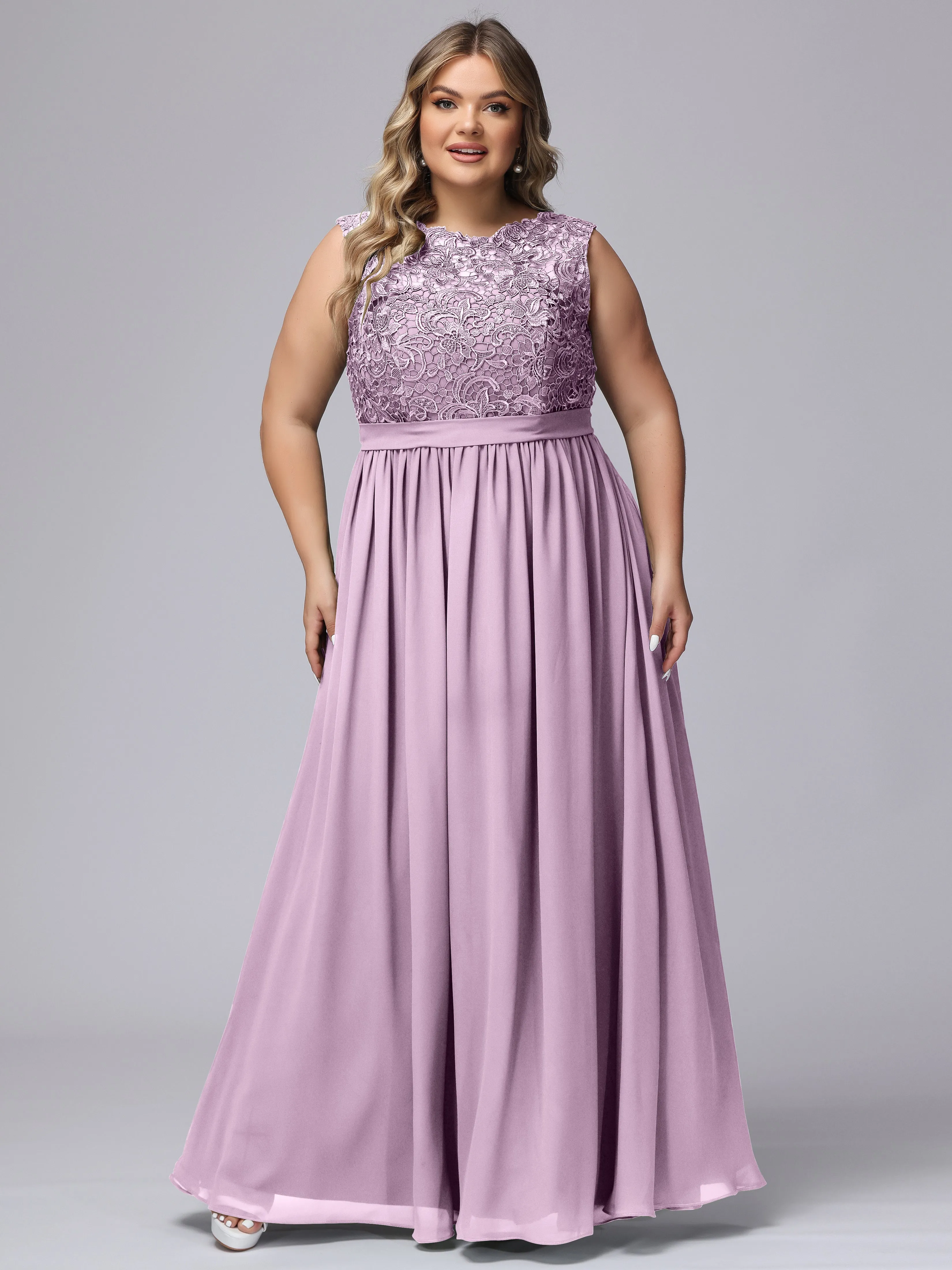 A-Line Sleeveless Lace Top Chiffon Plus Size Bridesmaid Dresses