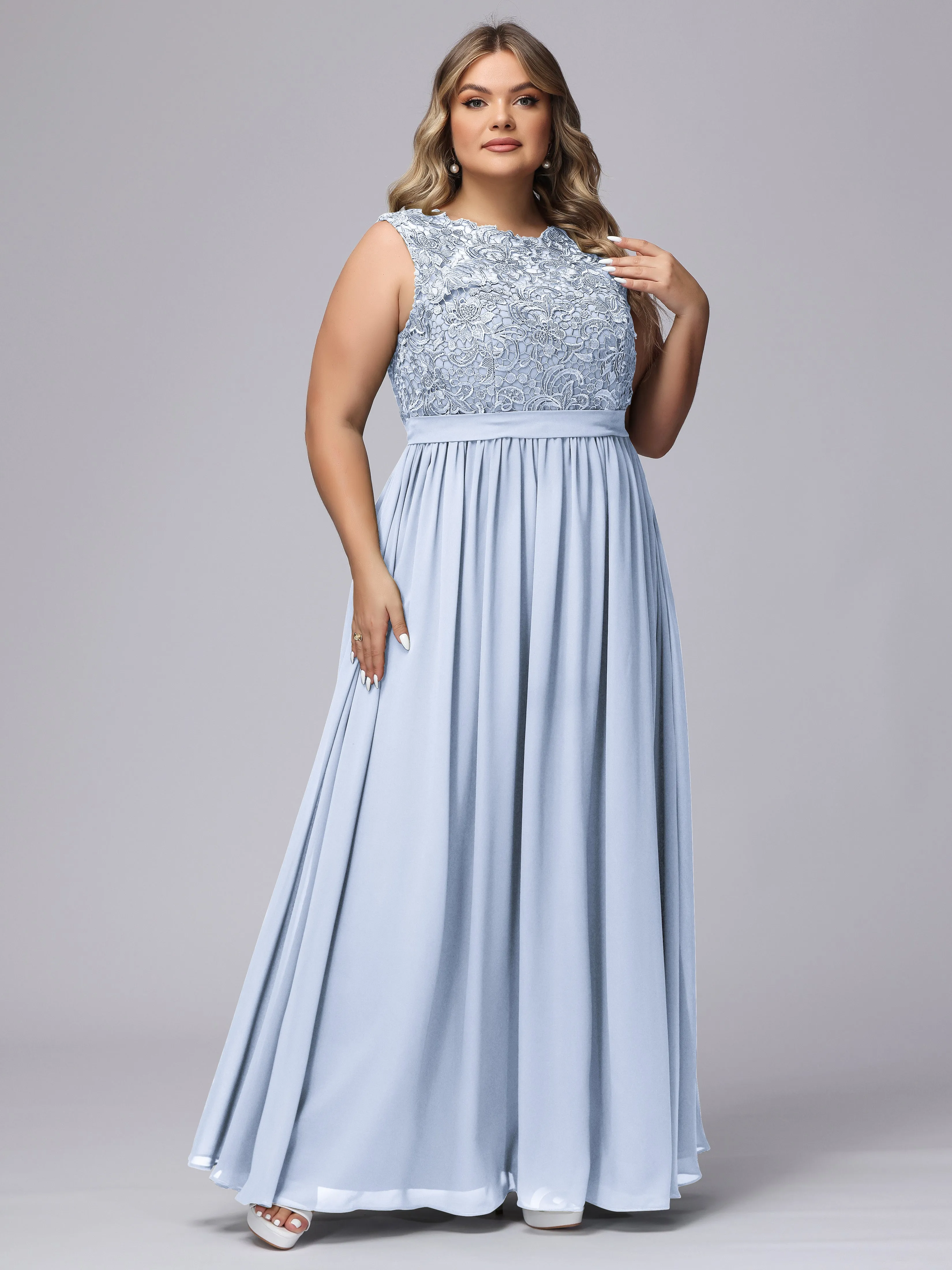 A-Line Sleeveless Lace Top Chiffon Plus Size Bridesmaid Dresses