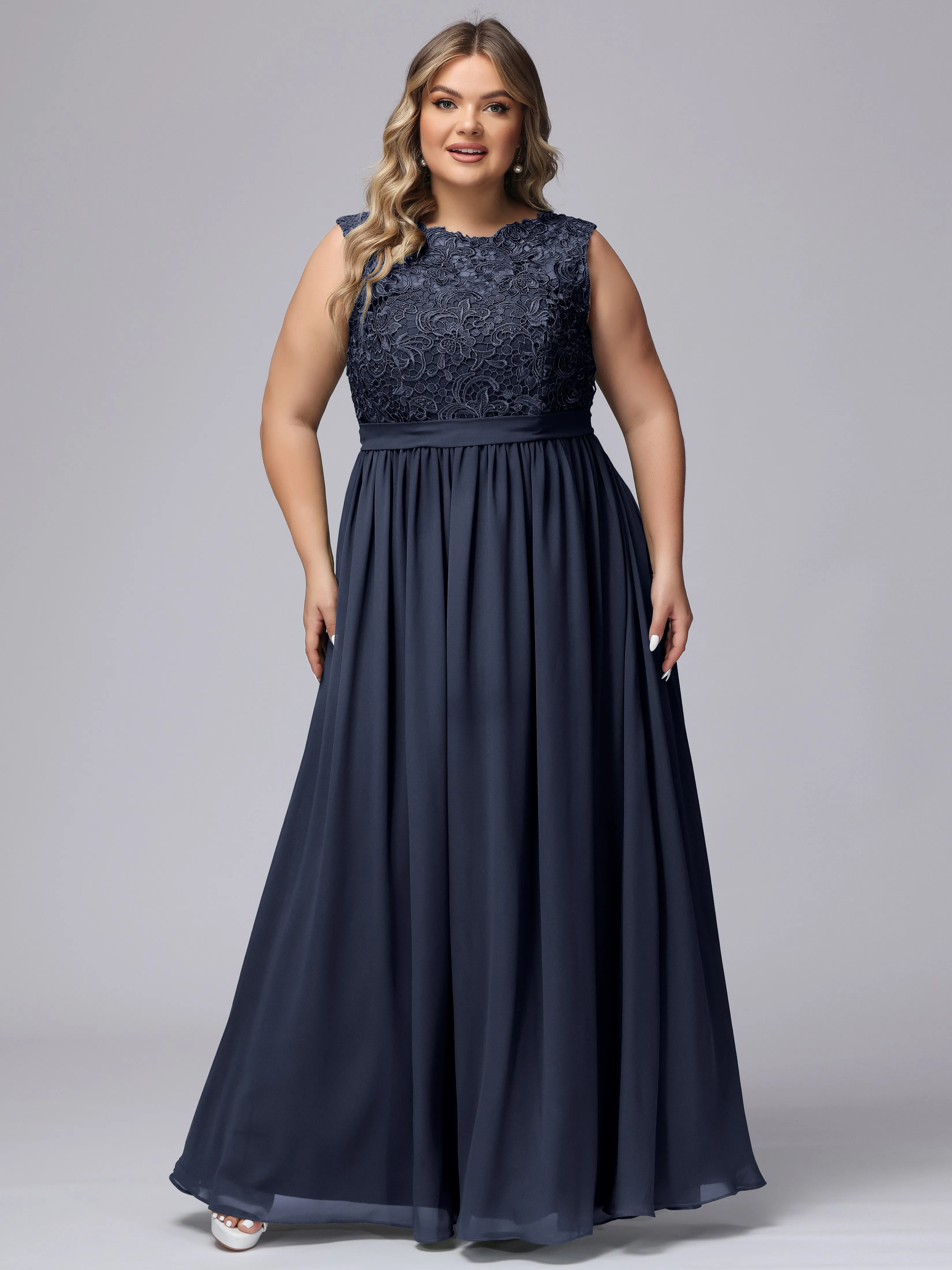 A-Line Sleeveless Lace Top Chiffon Plus Size Bridesmaid Dresses