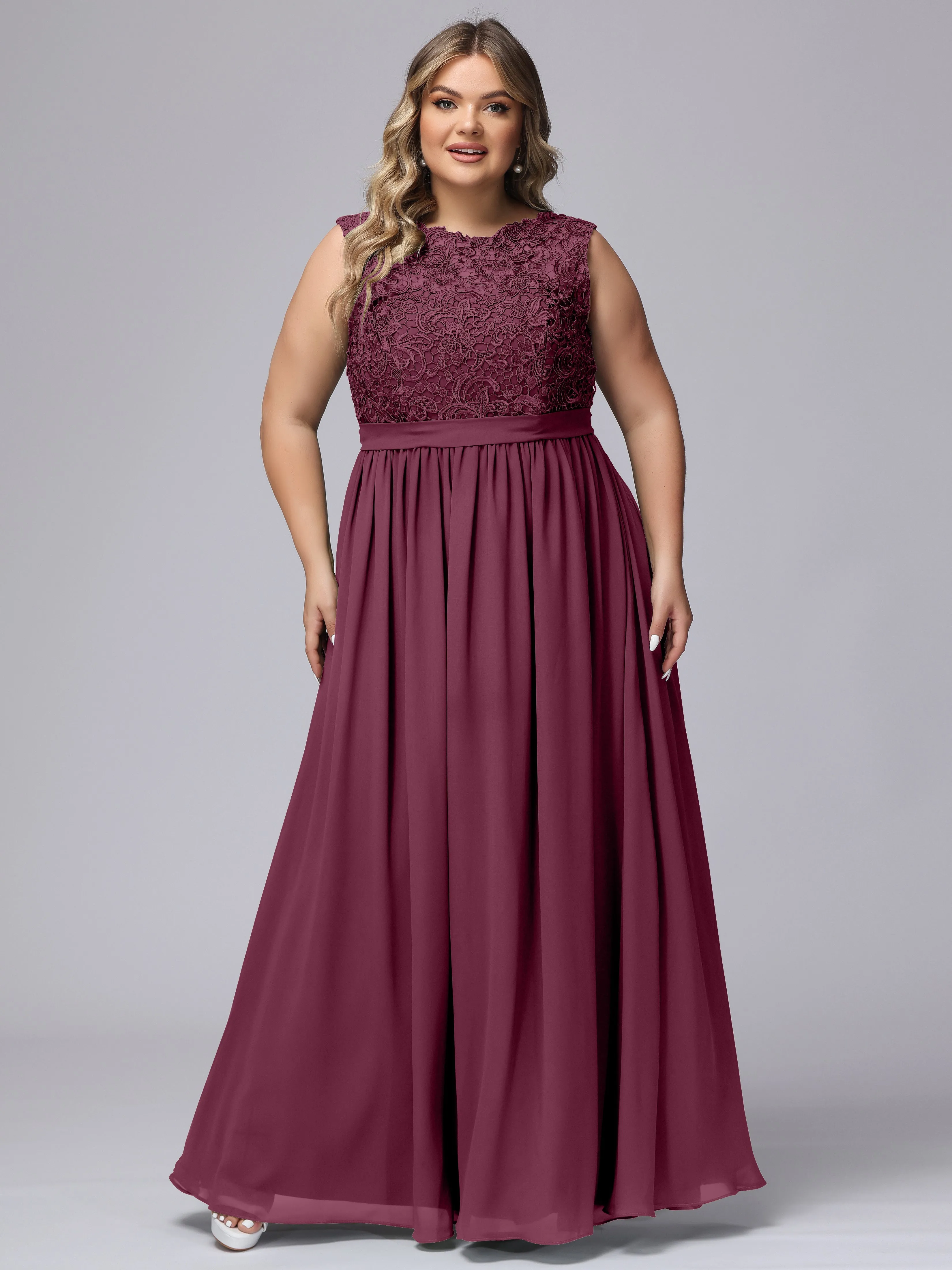 A-Line Sleeveless Lace Top Chiffon Plus Size Bridesmaid Dresses