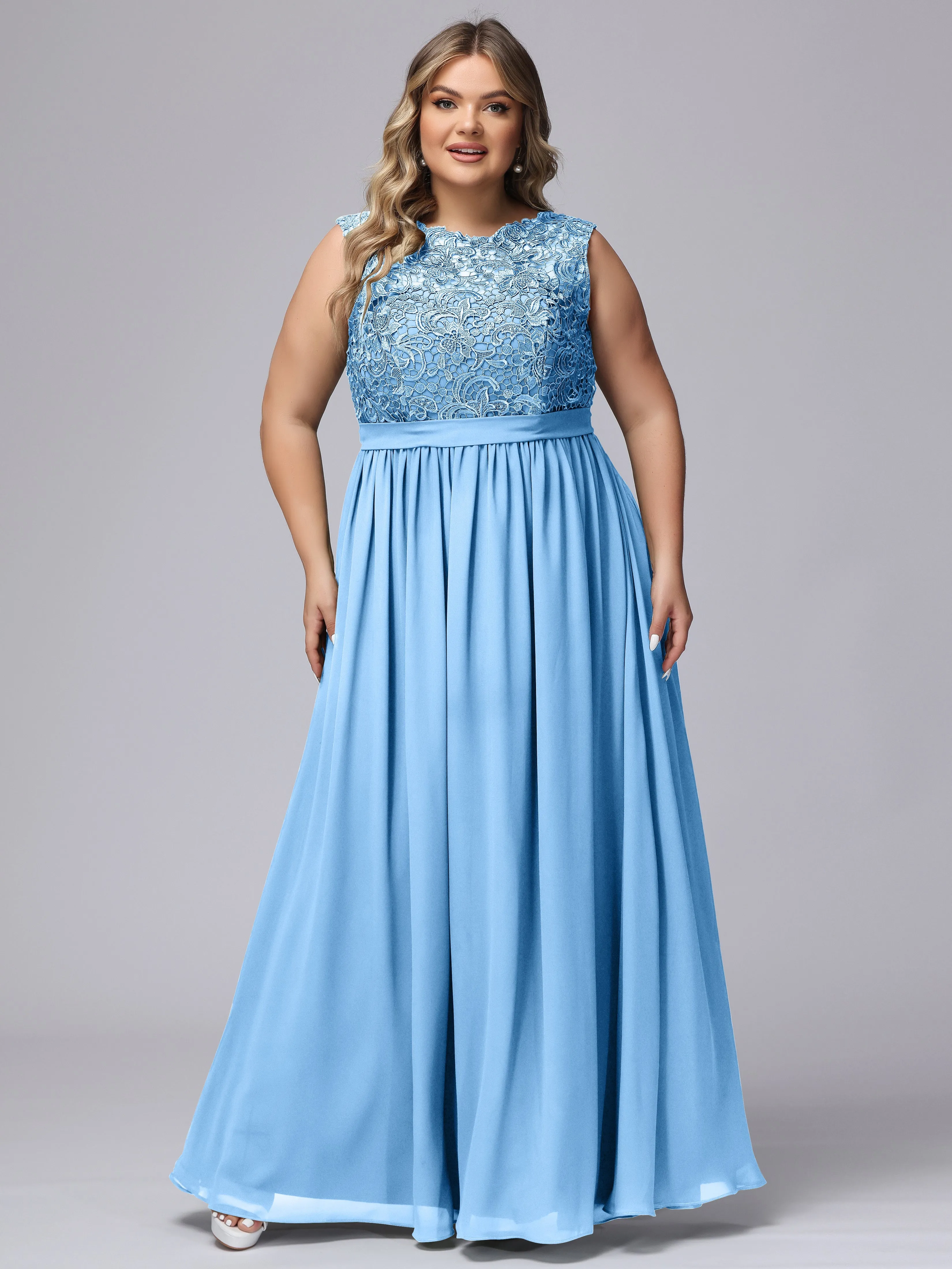 A-Line Sleeveless Lace Top Chiffon Plus Size Bridesmaid Dresses