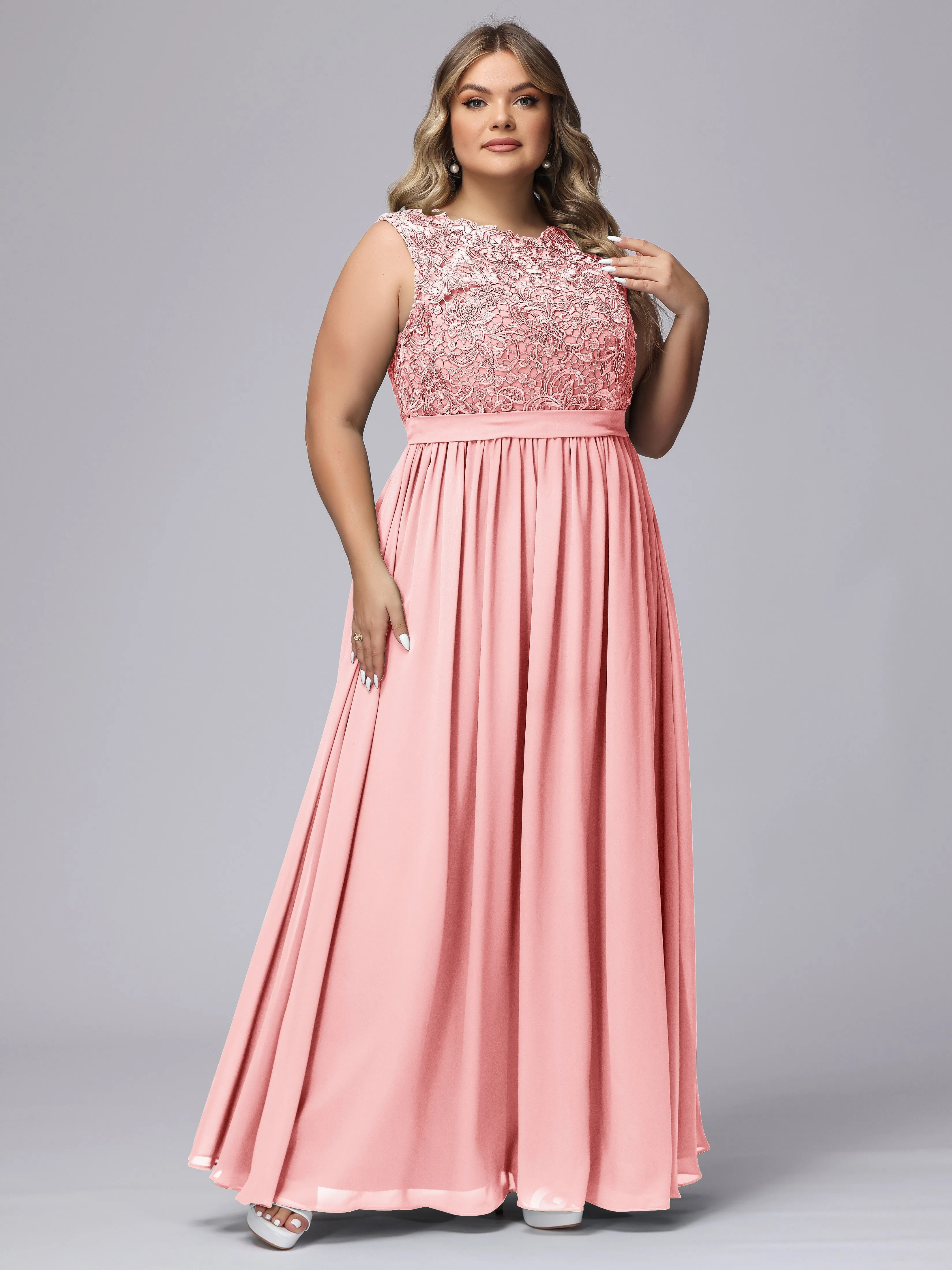 A-Line Sleeveless Lace Top Chiffon Plus Size Bridesmaid Dresses