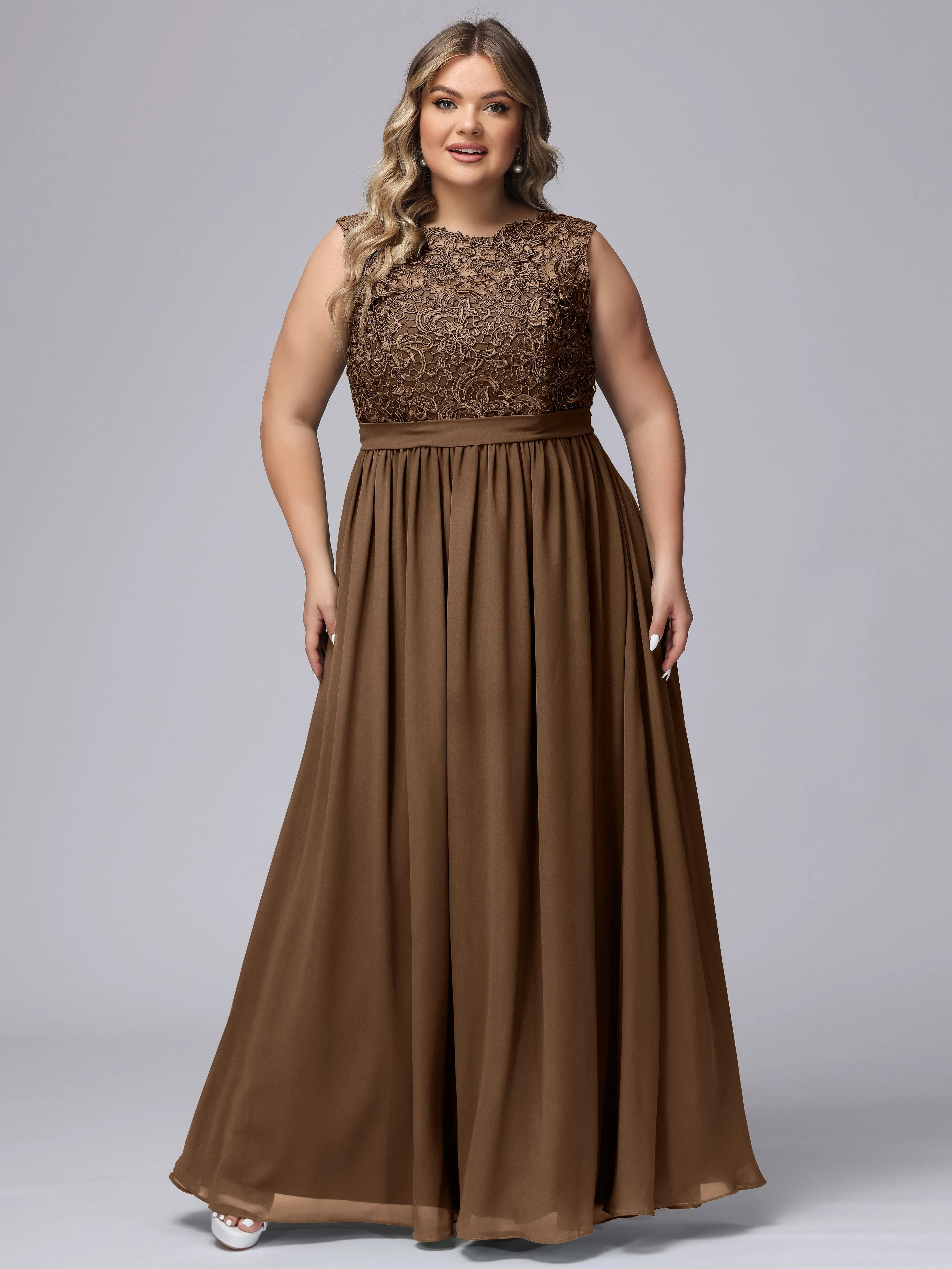 A-Line Sleeveless Lace Top Chiffon Plus Size Bridesmaid Dresses