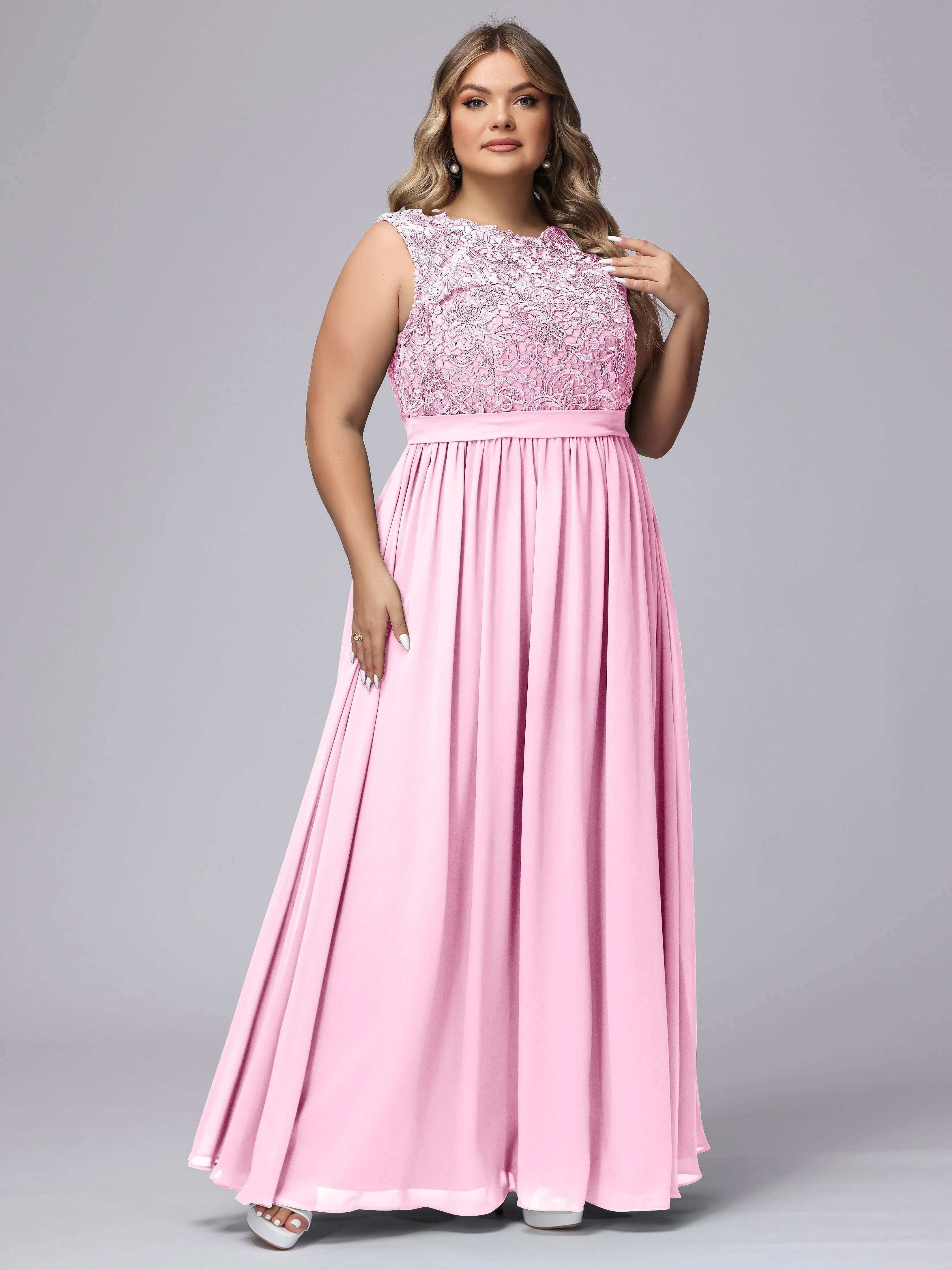 A-Line Sleeveless Lace Top Chiffon Plus Size Bridesmaid Dresses