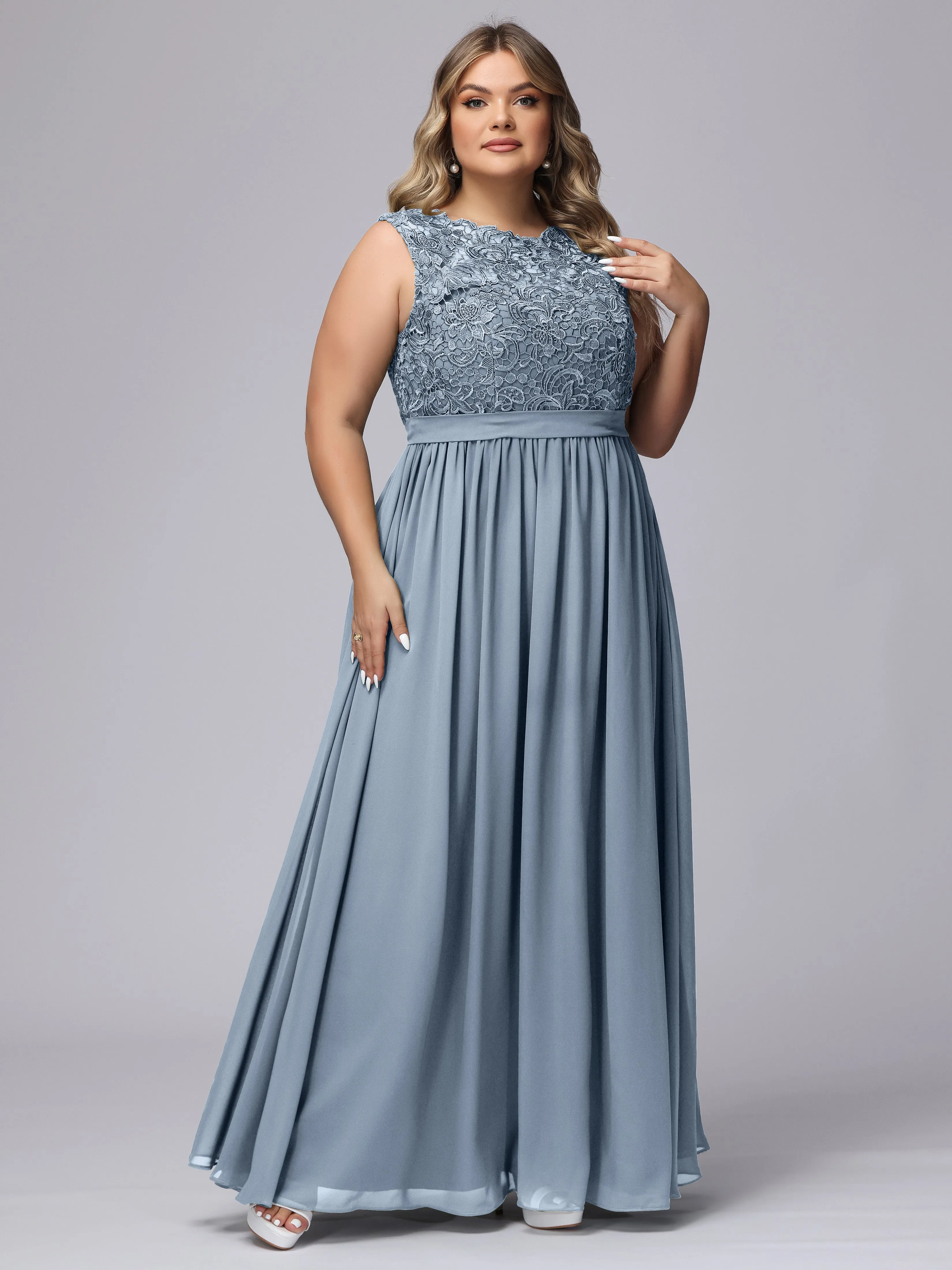 A-Line Sleeveless Lace Top Chiffon Plus Size Bridesmaid Dresses