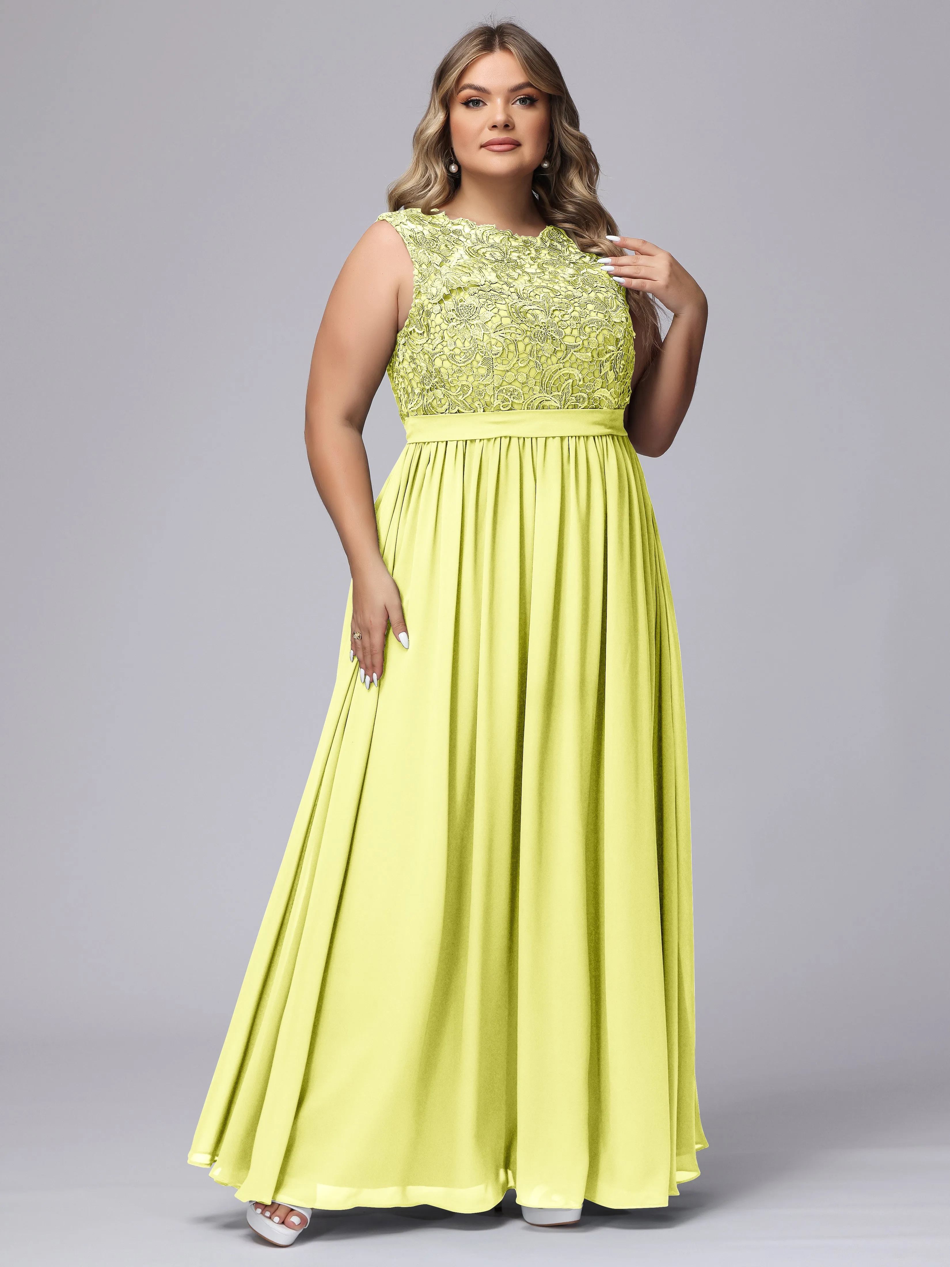 A-Line Sleeveless Lace Top Chiffon Plus Size Bridesmaid Dresses