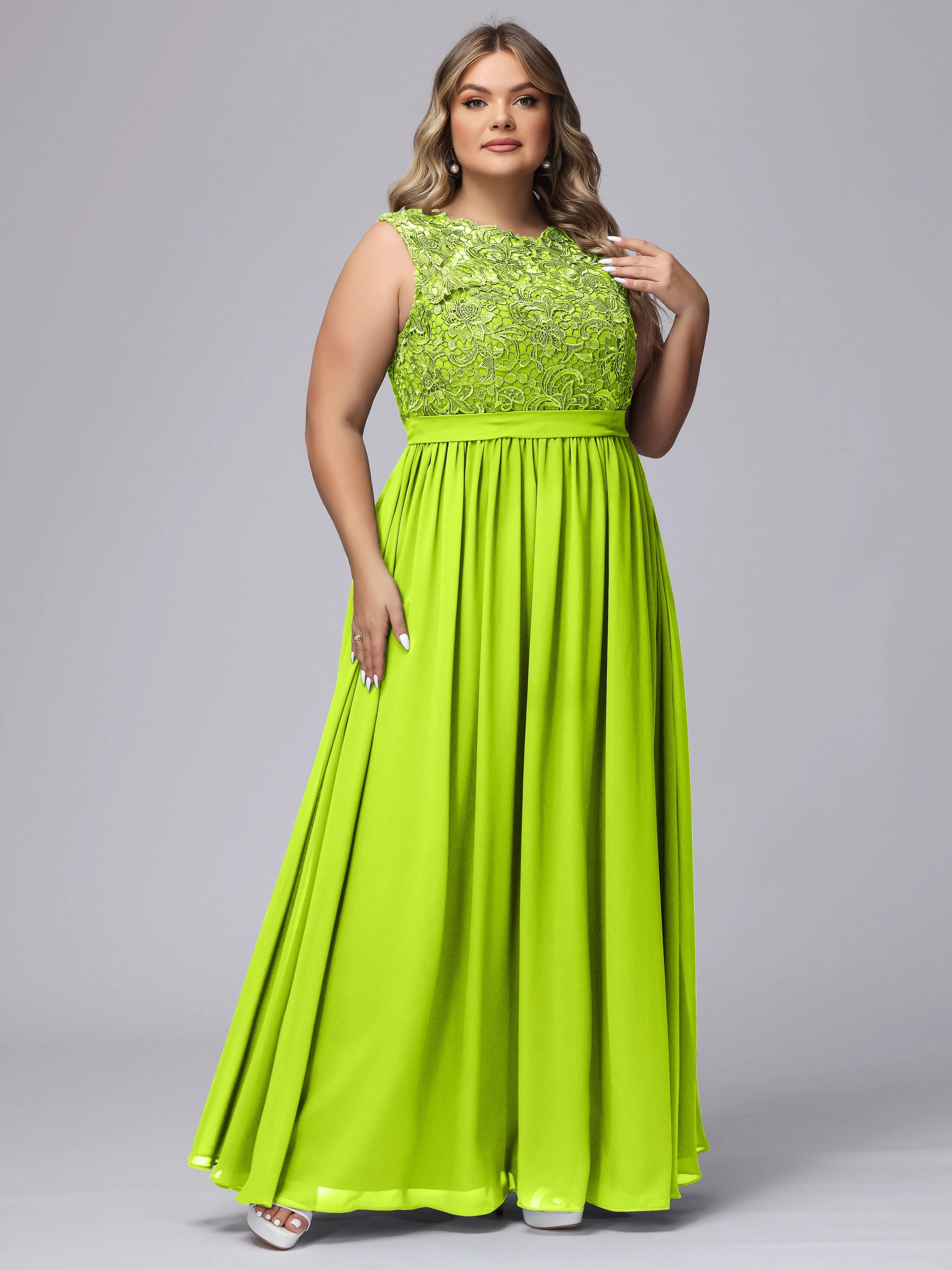 A-Line Sleeveless Lace Top Chiffon Plus Size Bridesmaid Dresses