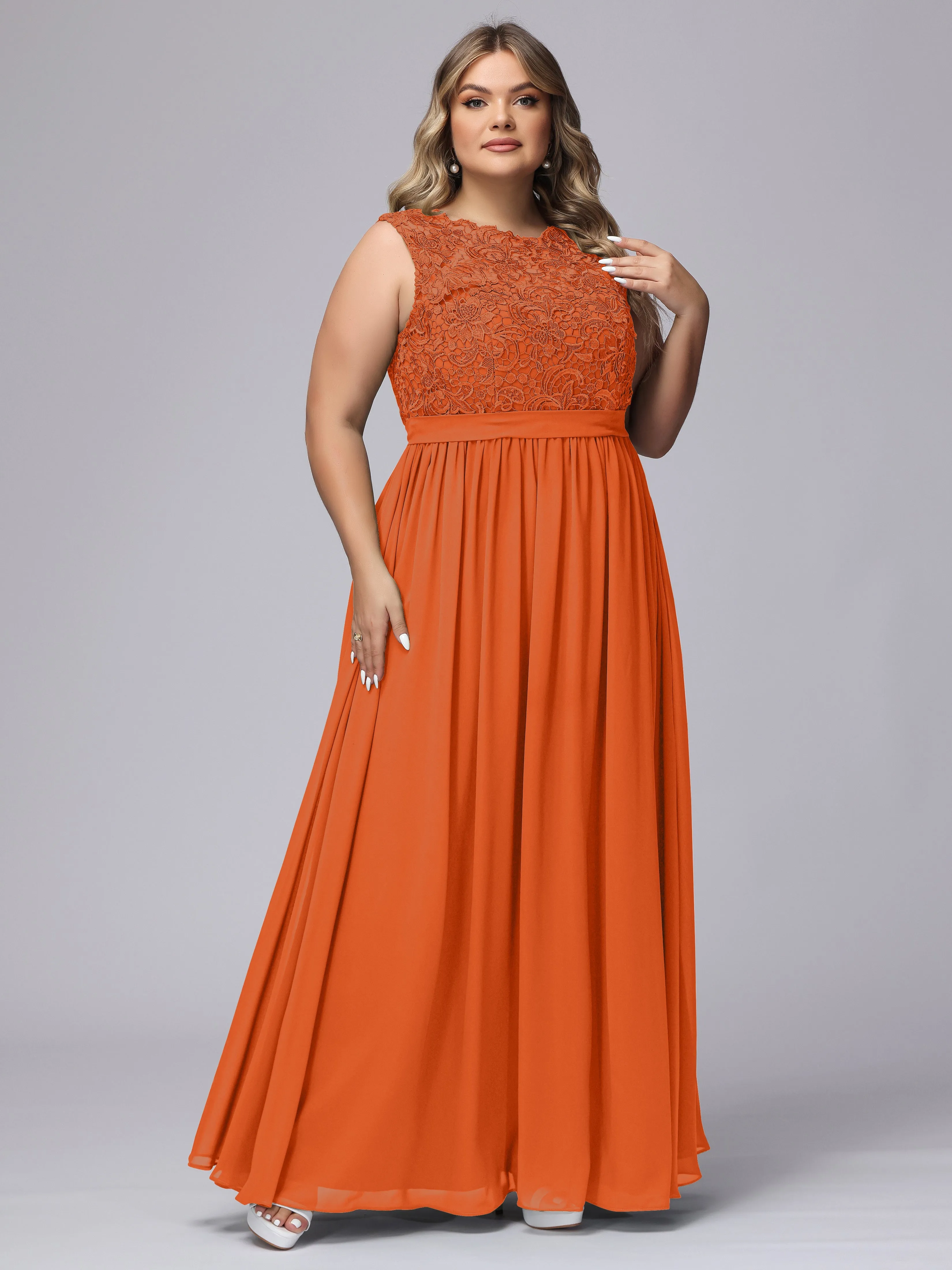 A-Line Sleeveless Lace Top Chiffon Plus Size Bridesmaid Dresses