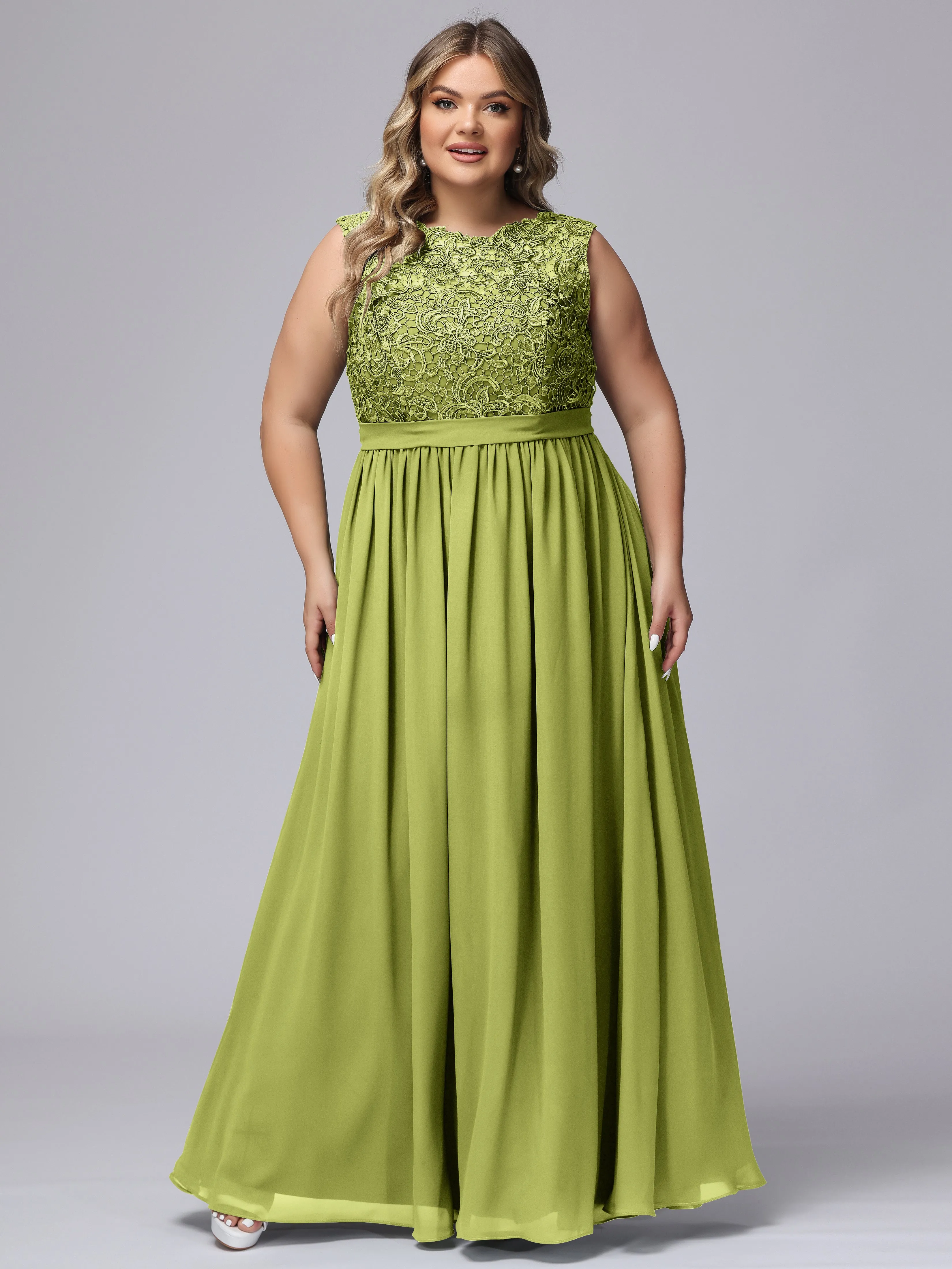 A-Line Sleeveless Lace Top Chiffon Plus Size Bridesmaid Dresses