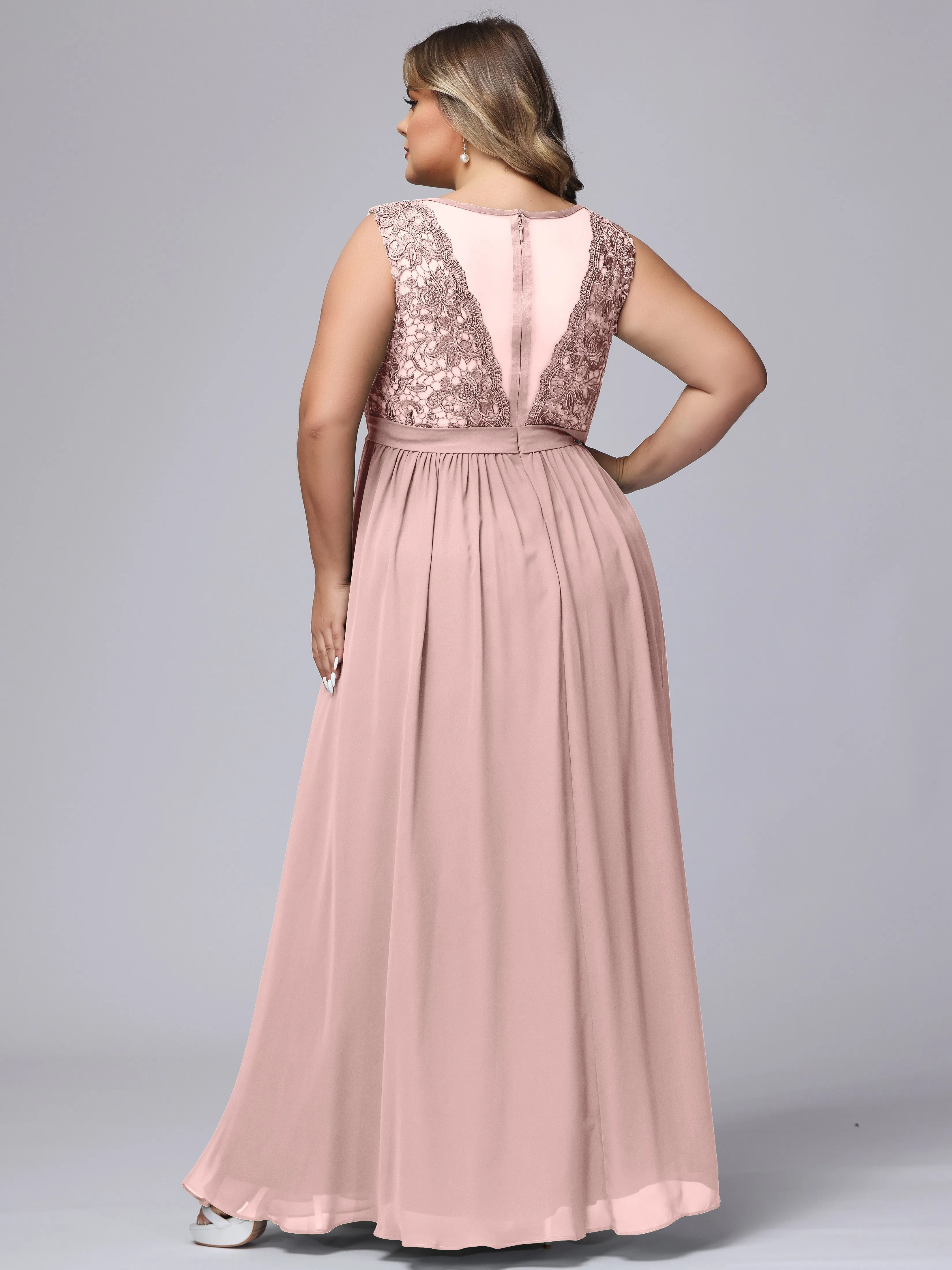 A-Line Sleeveless Lace Top Chiffon Plus Size Bridesmaid Dresses
