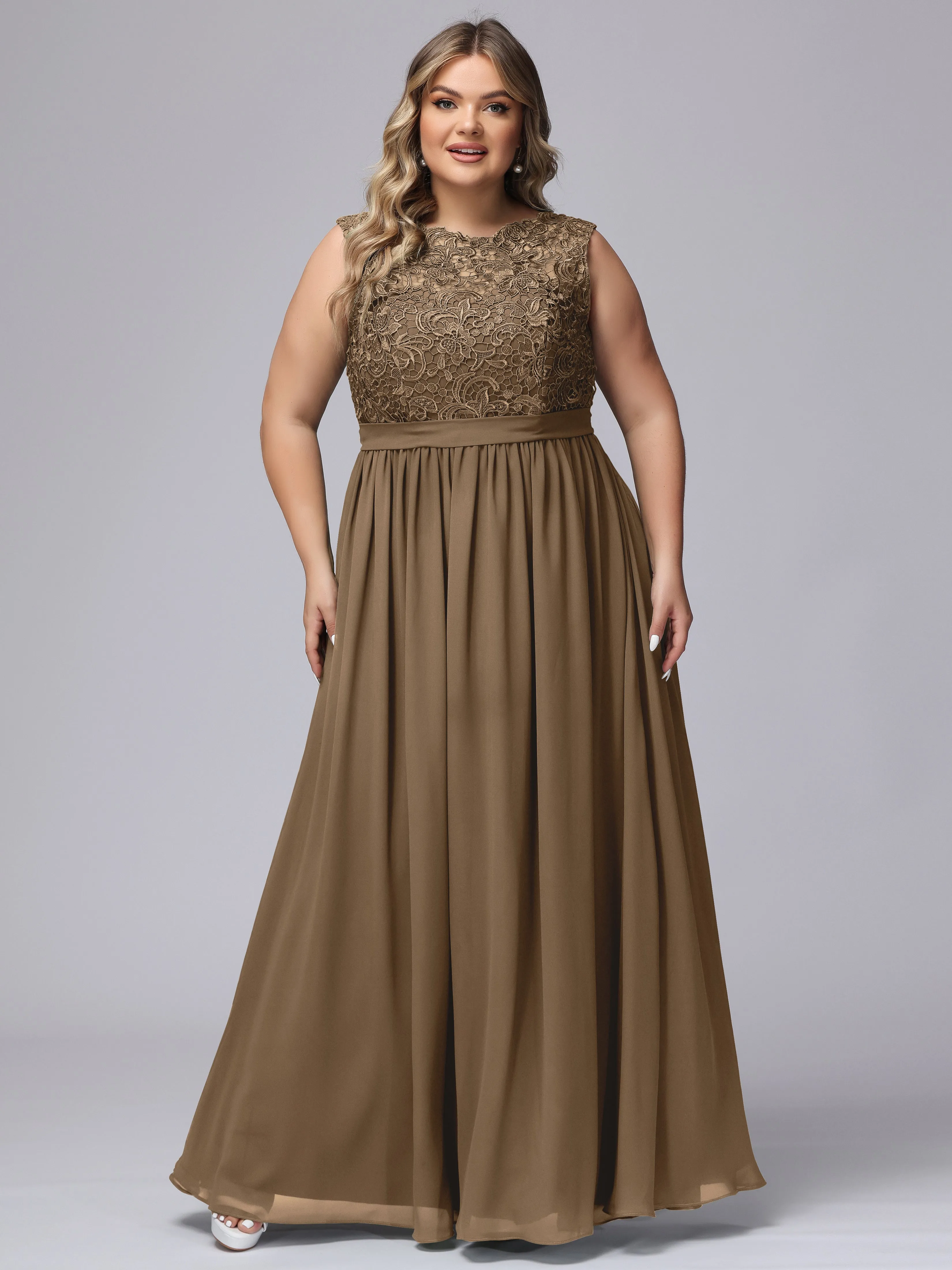 A-Line Sleeveless Lace Top Chiffon Plus Size Bridesmaid Dresses