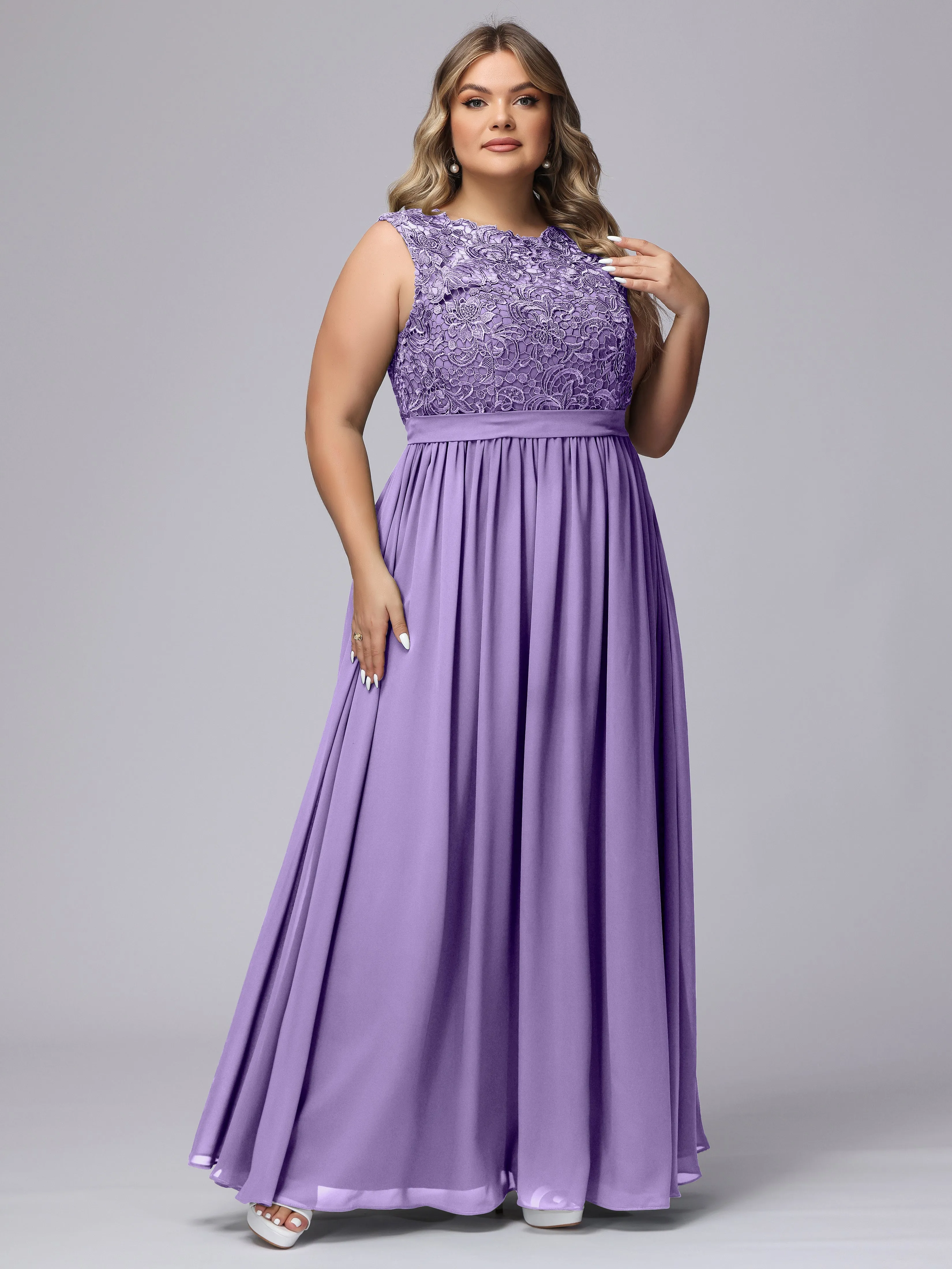 A-Line Sleeveless Lace Top Chiffon Plus Size Bridesmaid Dresses