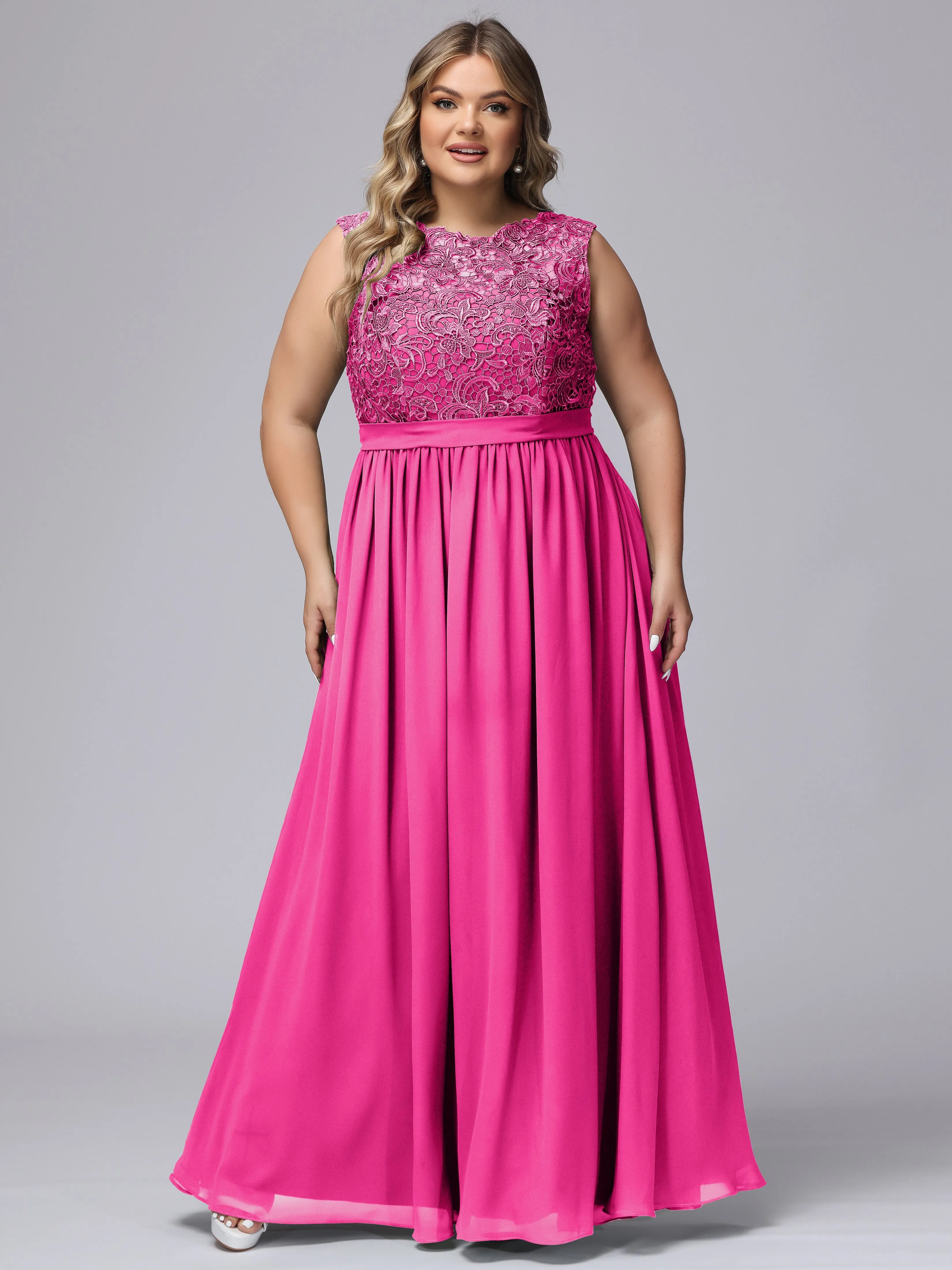 A-Line Sleeveless Lace Top Chiffon Plus Size Bridesmaid Dresses