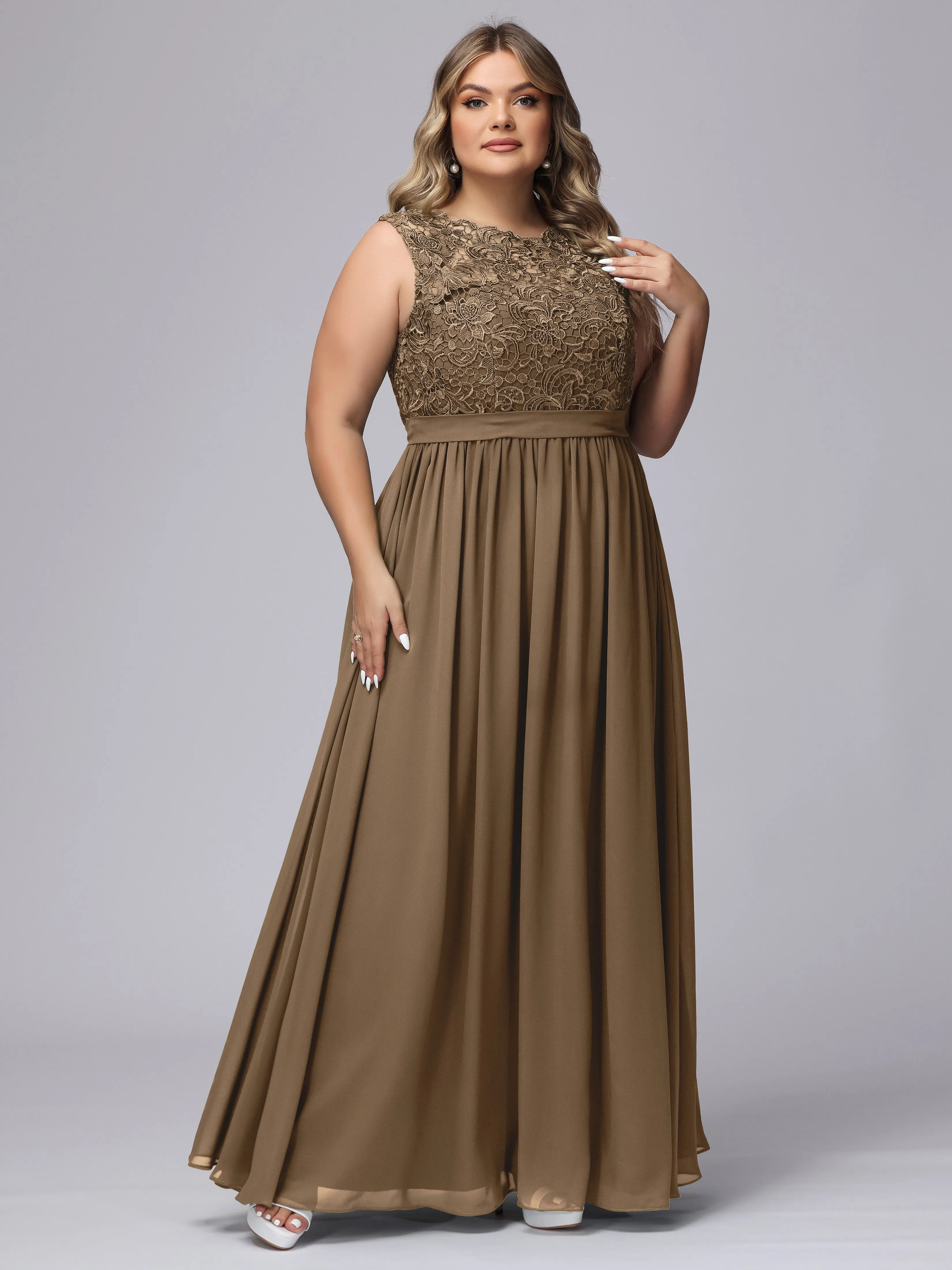 A-Line Sleeveless Lace Top Chiffon Plus Size Bridesmaid Dresses