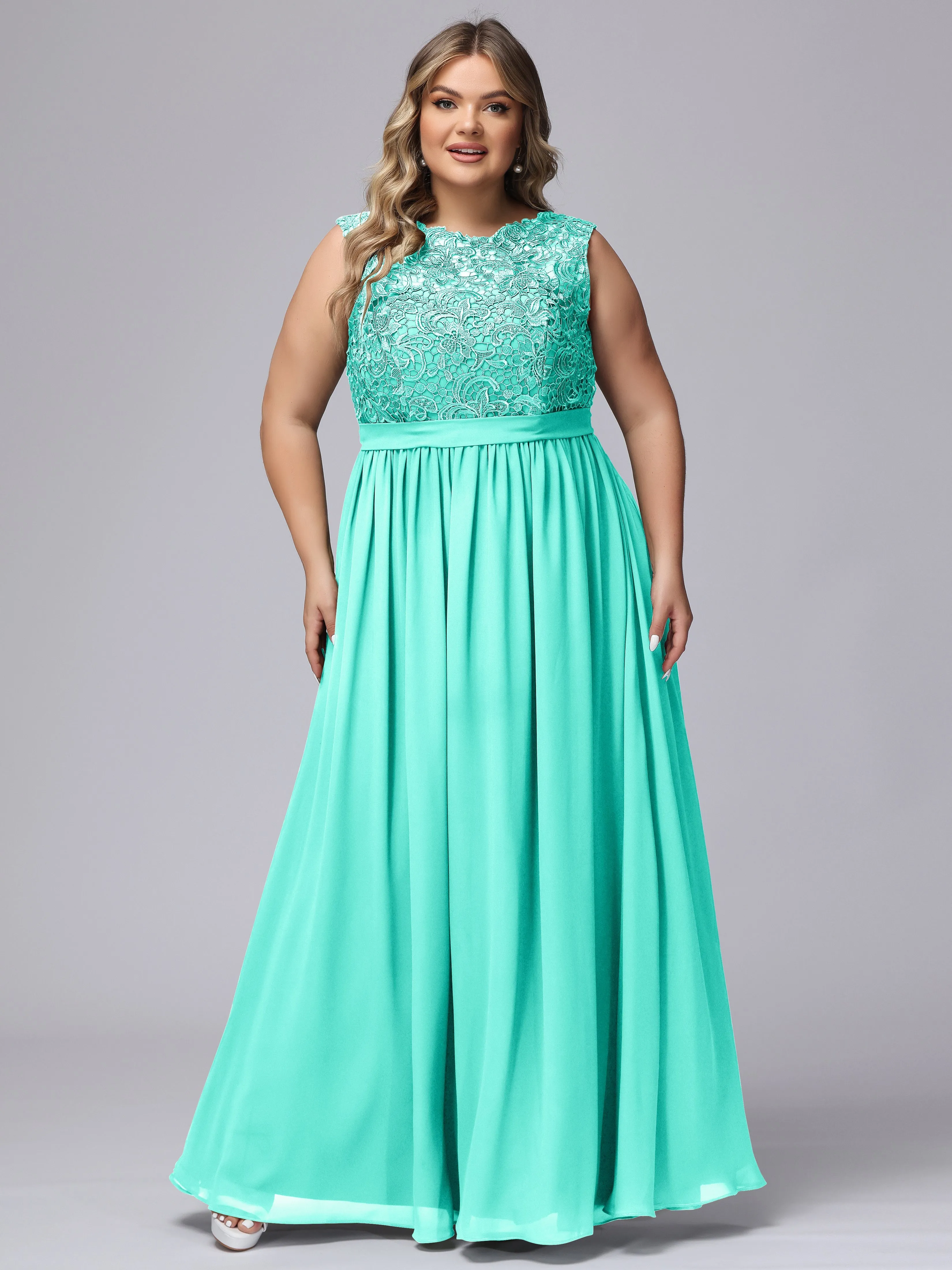 A-Line Sleeveless Lace Top Chiffon Plus Size Bridesmaid Dresses