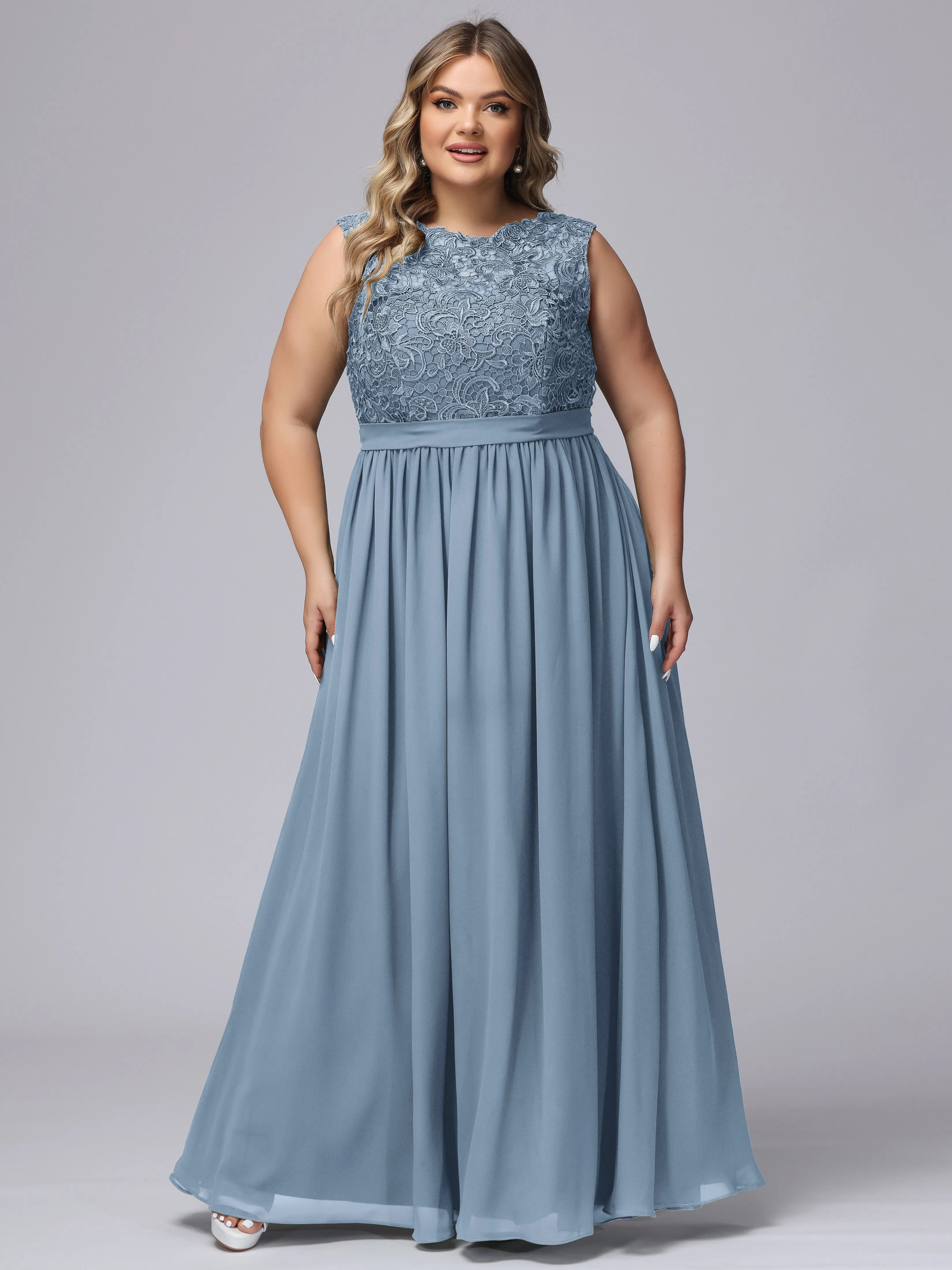 A-Line Sleeveless Lace Top Chiffon Plus Size Bridesmaid Dresses