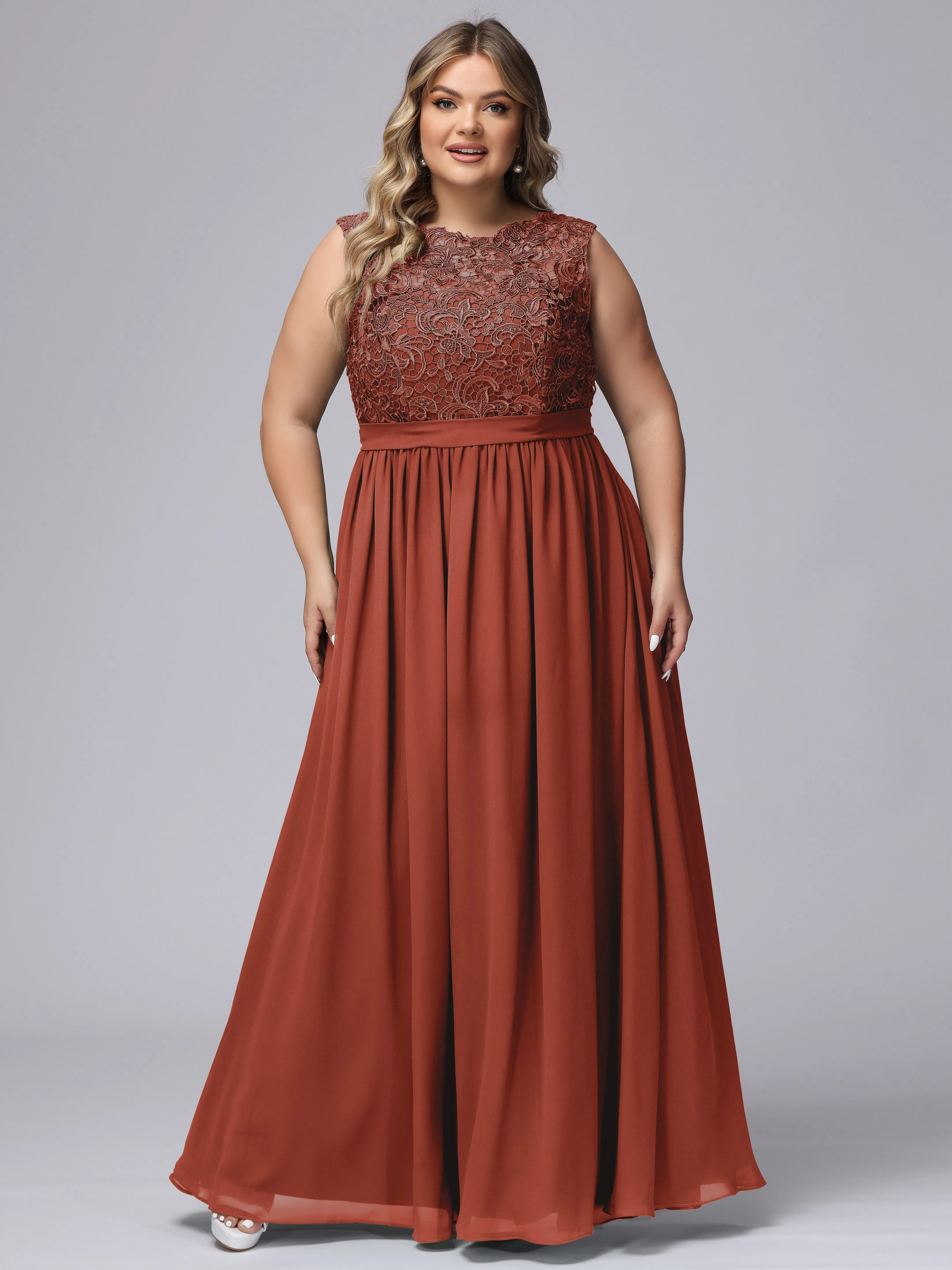 A-Line Sleeveless Lace Top Chiffon Plus Size Bridesmaid Dresses