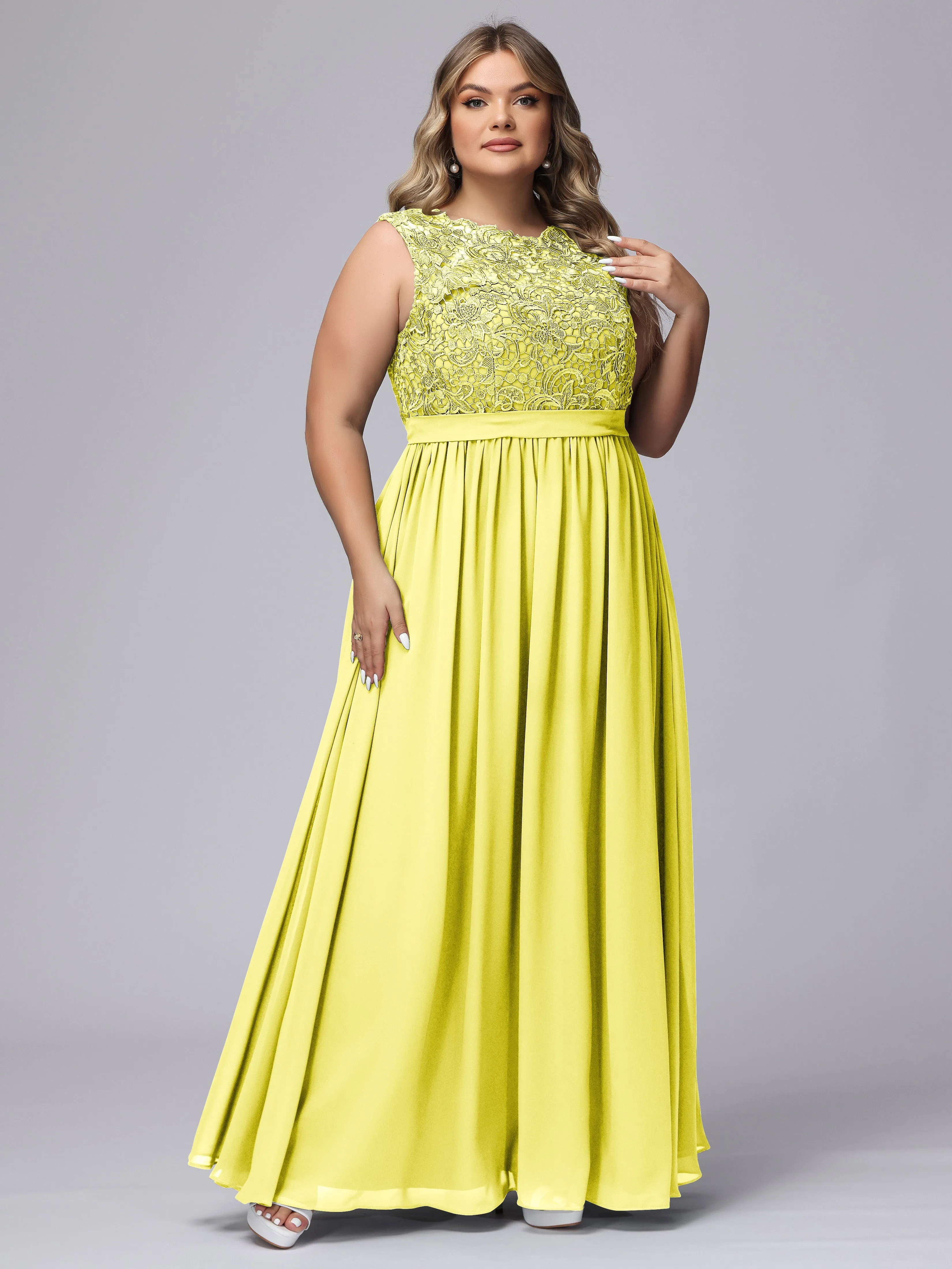 A-Line Sleeveless Lace Top Chiffon Plus Size Bridesmaid Dresses