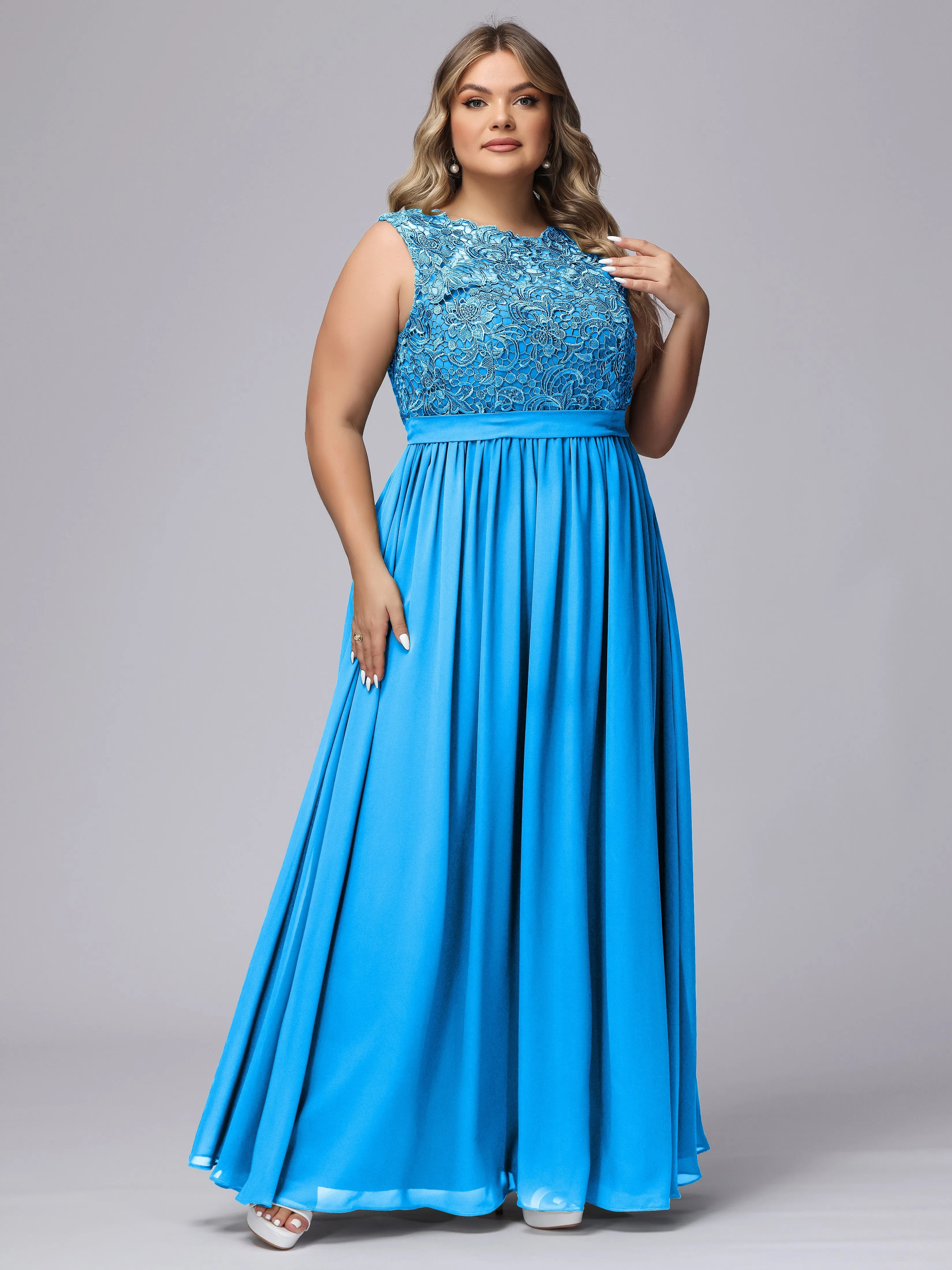 A-Line Sleeveless Lace Top Chiffon Plus Size Bridesmaid Dresses