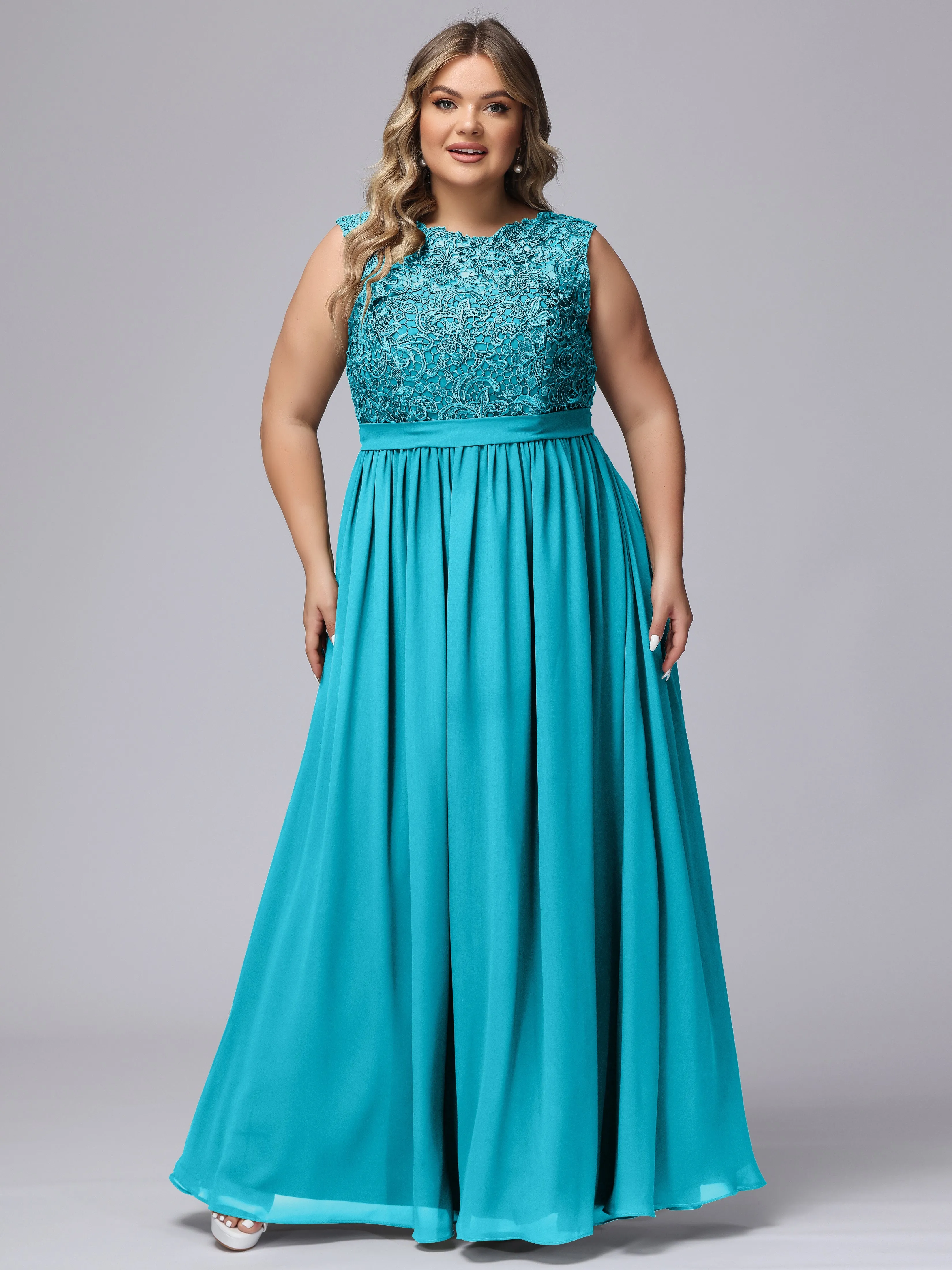 A-Line Sleeveless Lace Top Chiffon Plus Size Bridesmaid Dresses