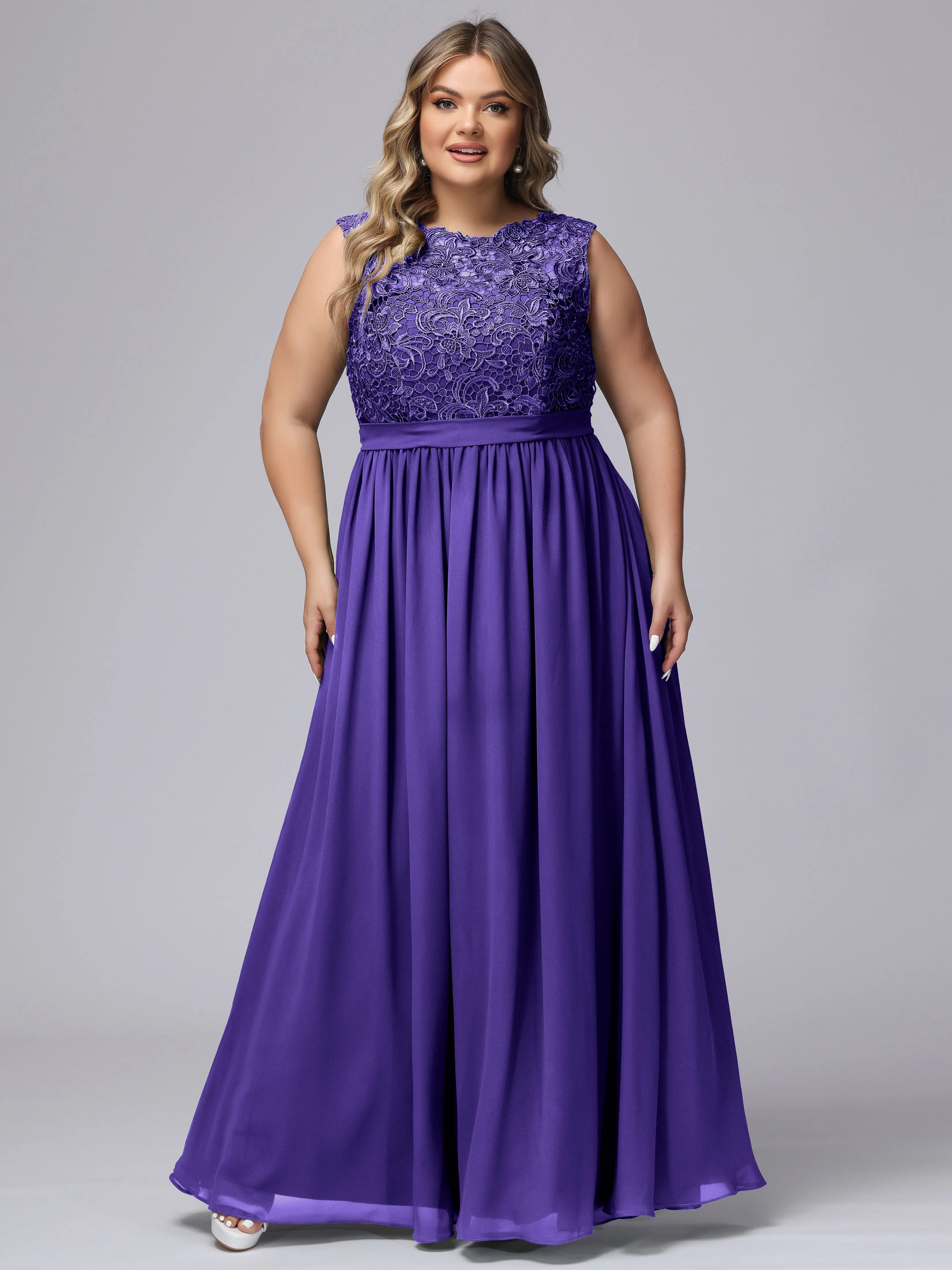 A-Line Sleeveless Lace Top Chiffon Plus Size Bridesmaid Dresses