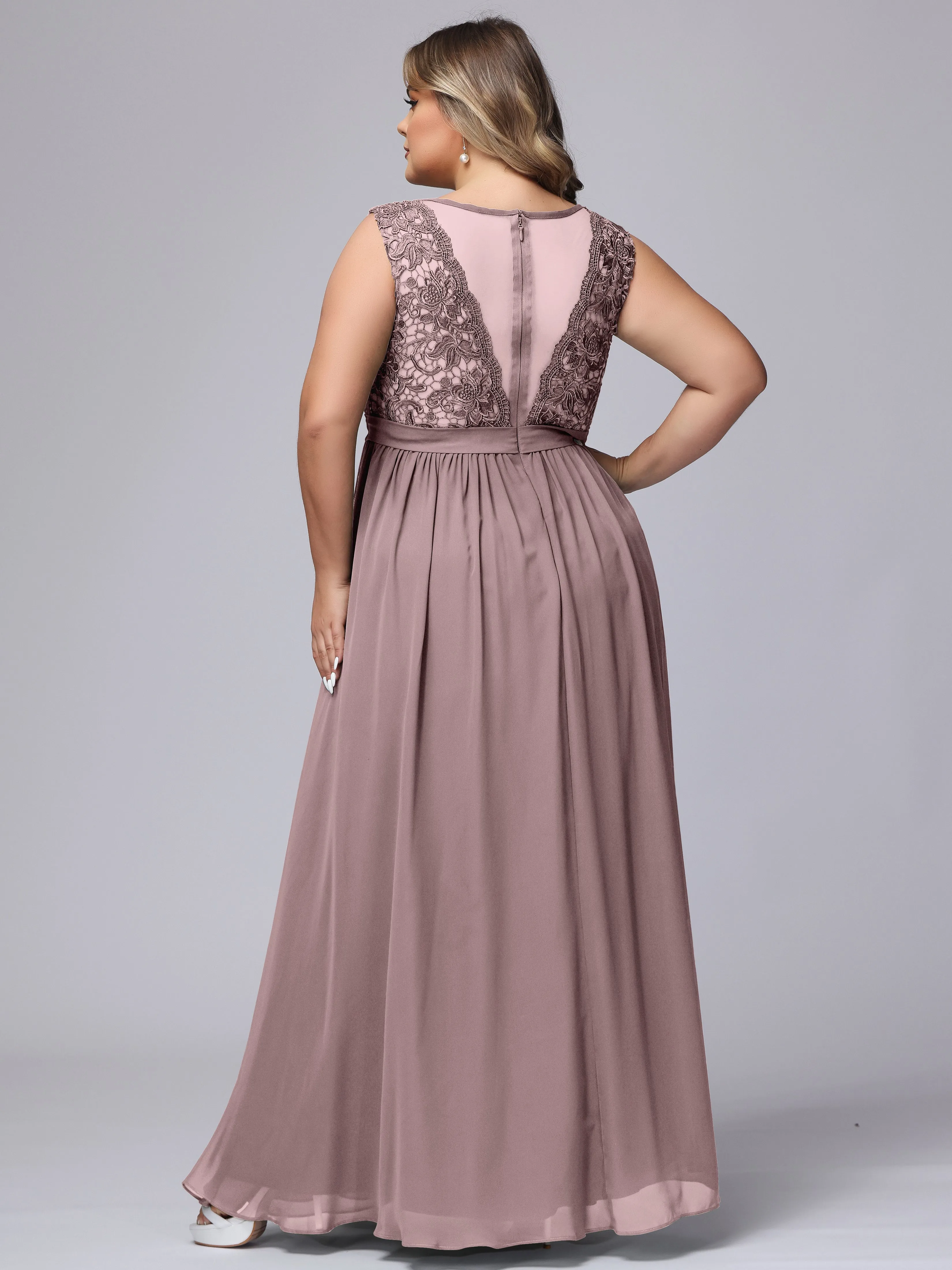 A-Line Sleeveless Lace Top Chiffon Plus Size Bridesmaid Dresses