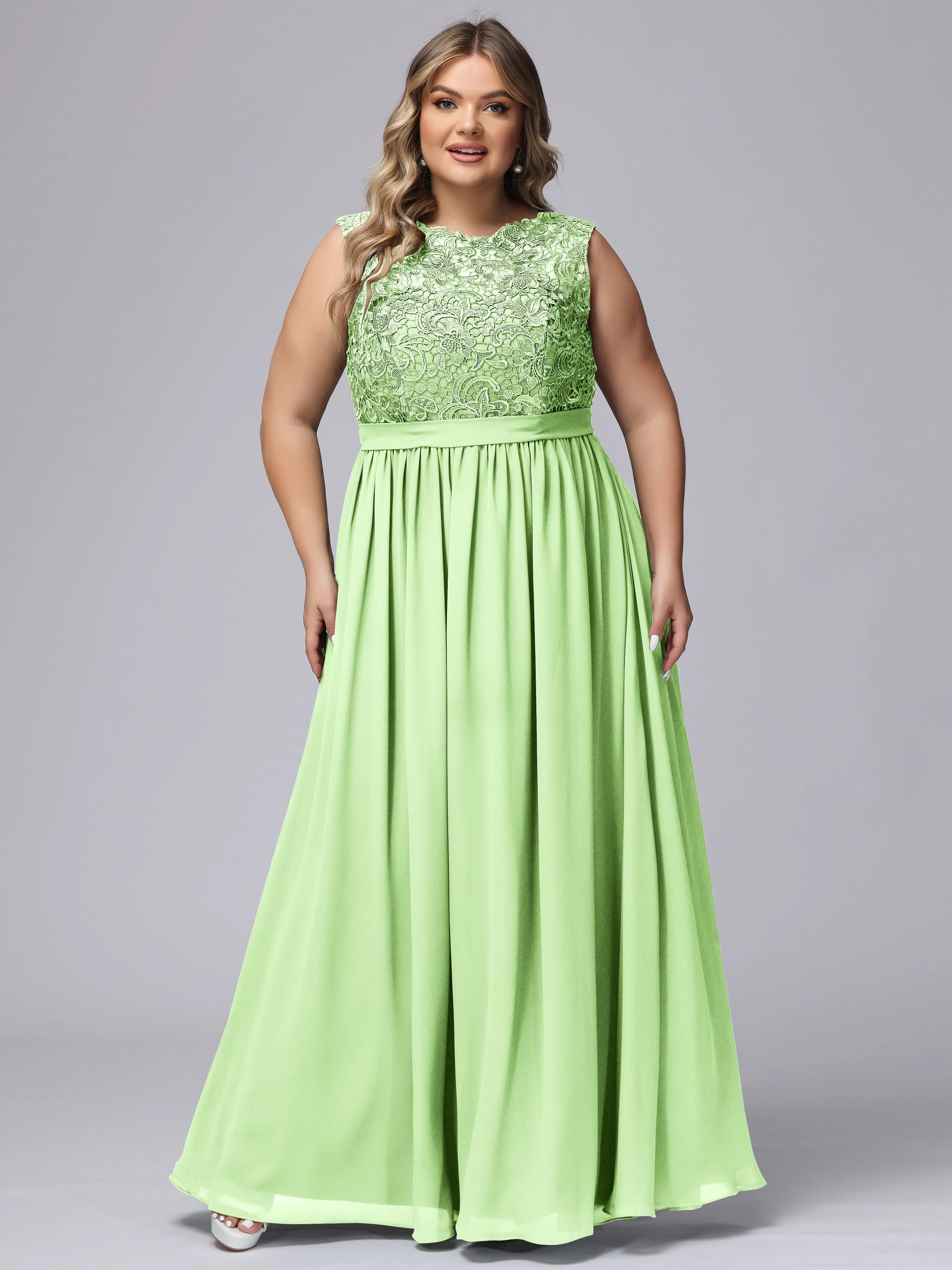 A-Line Sleeveless Lace Top Chiffon Plus Size Bridesmaid Dresses