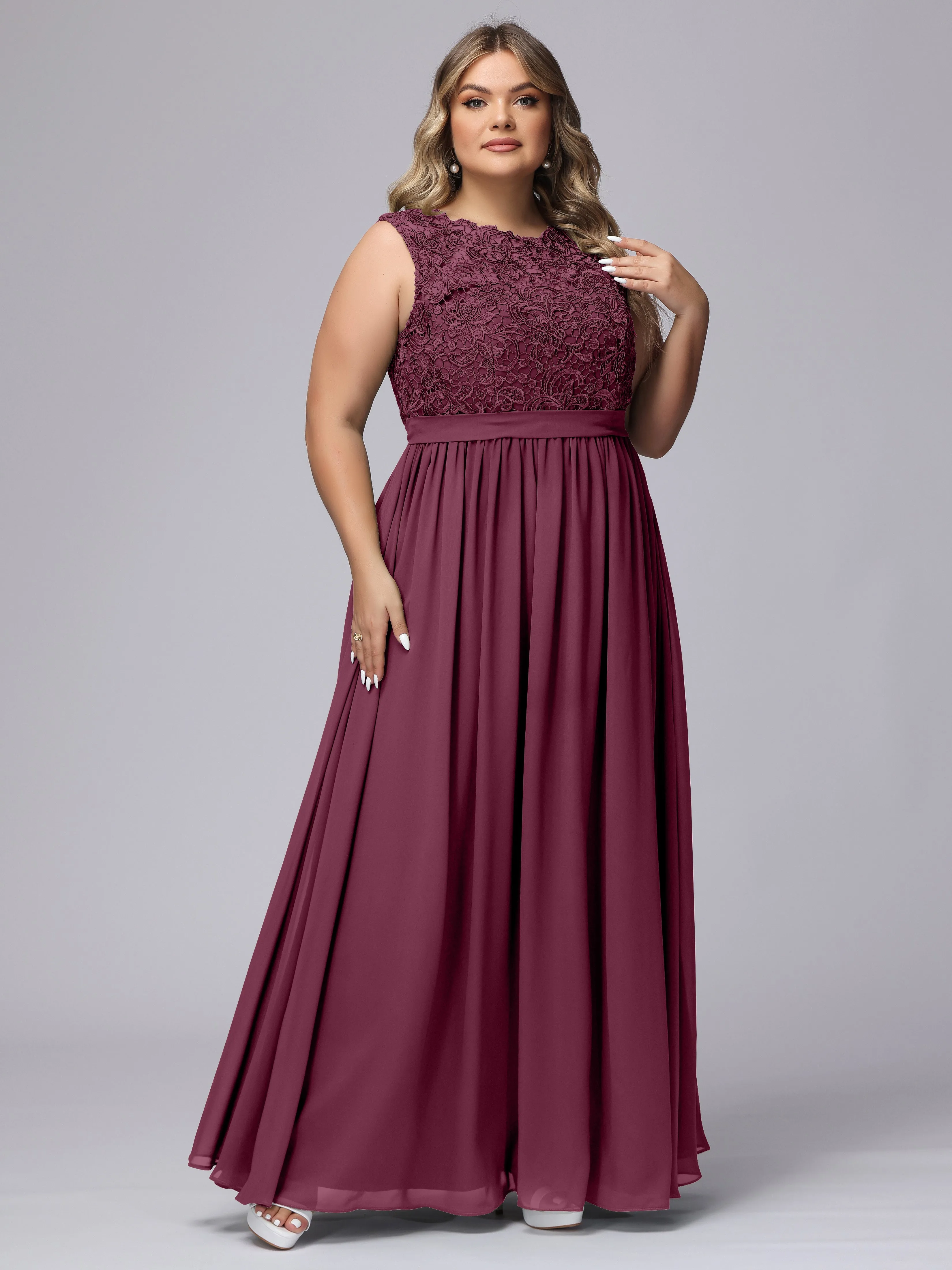 A-Line Sleeveless Lace Top Chiffon Plus Size Bridesmaid Dresses