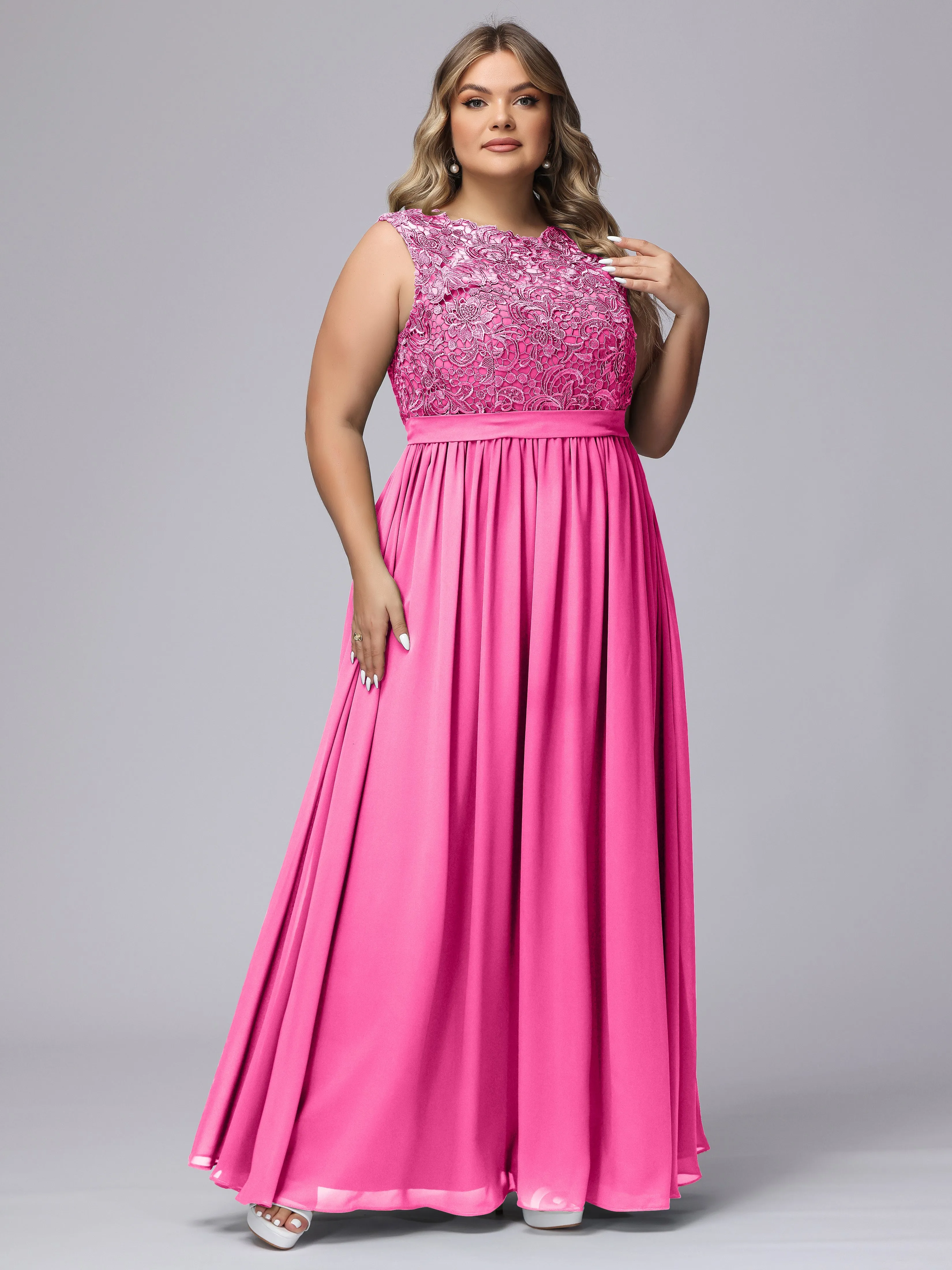 A-Line Sleeveless Lace Top Chiffon Plus Size Bridesmaid Dresses