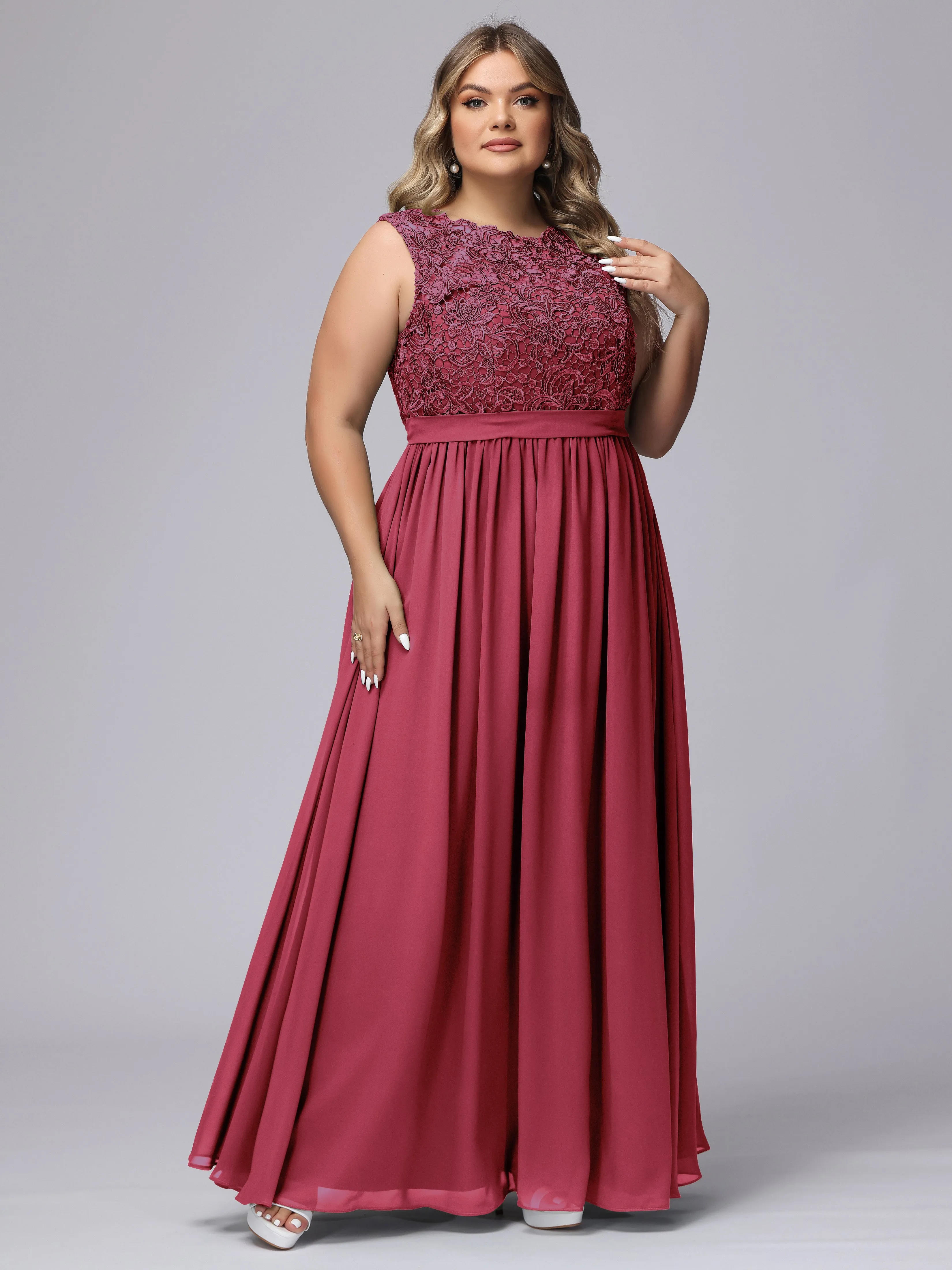 A-Line Sleeveless Lace Top Chiffon Plus Size Bridesmaid Dresses