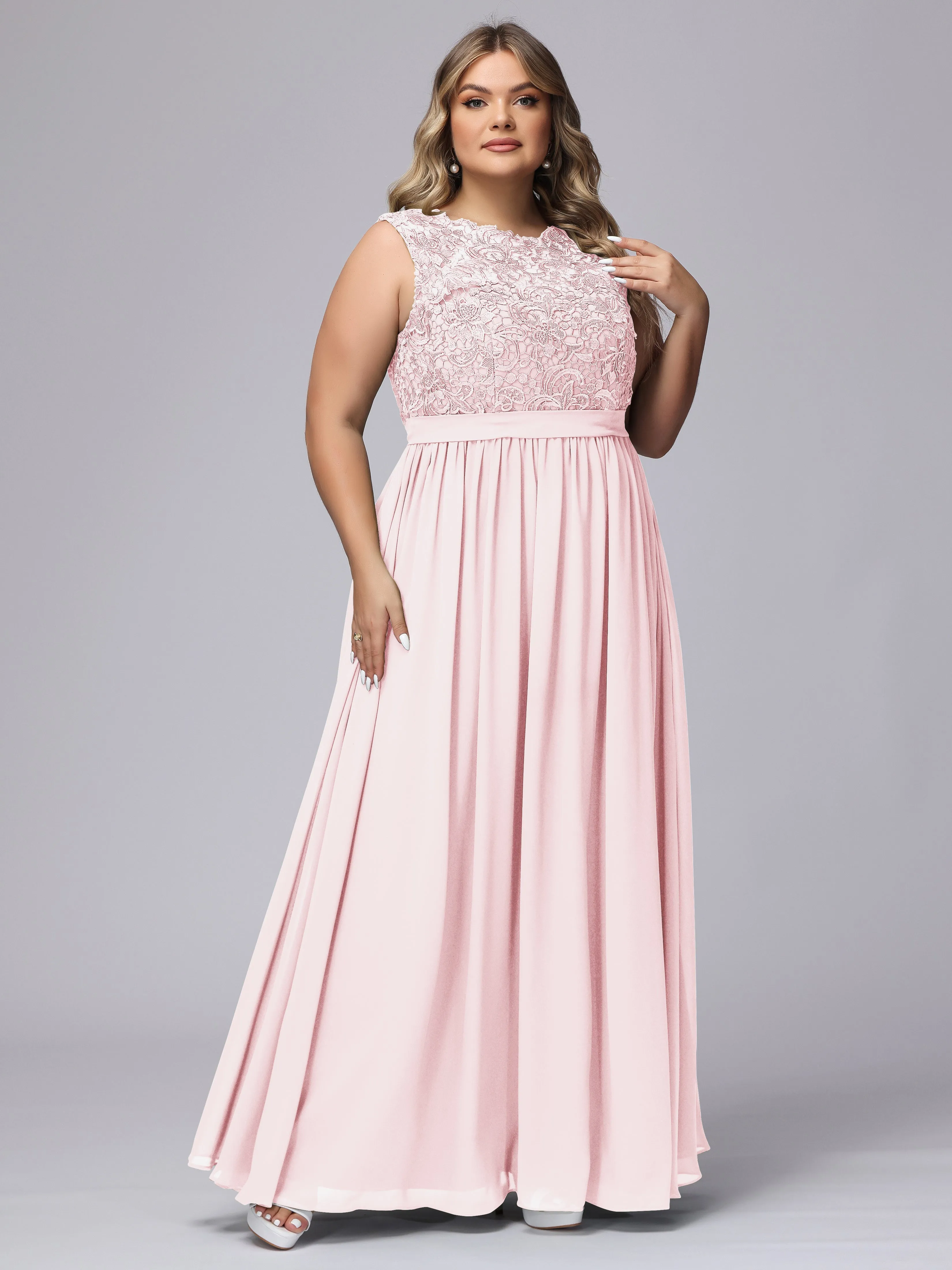 A-Line Sleeveless Lace Top Chiffon Plus Size Bridesmaid Dresses