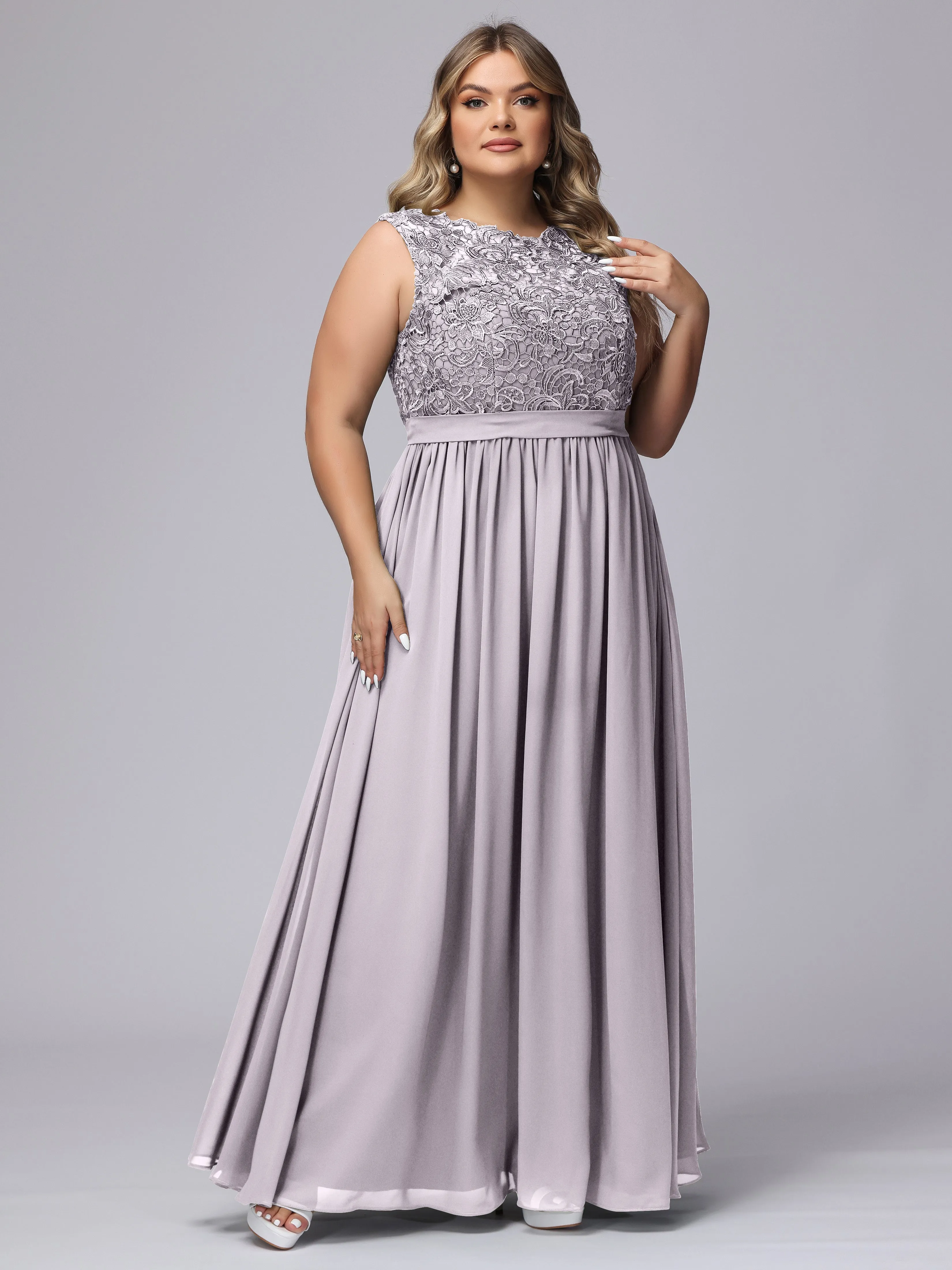 A-Line Sleeveless Lace Top Chiffon Plus Size Bridesmaid Dresses