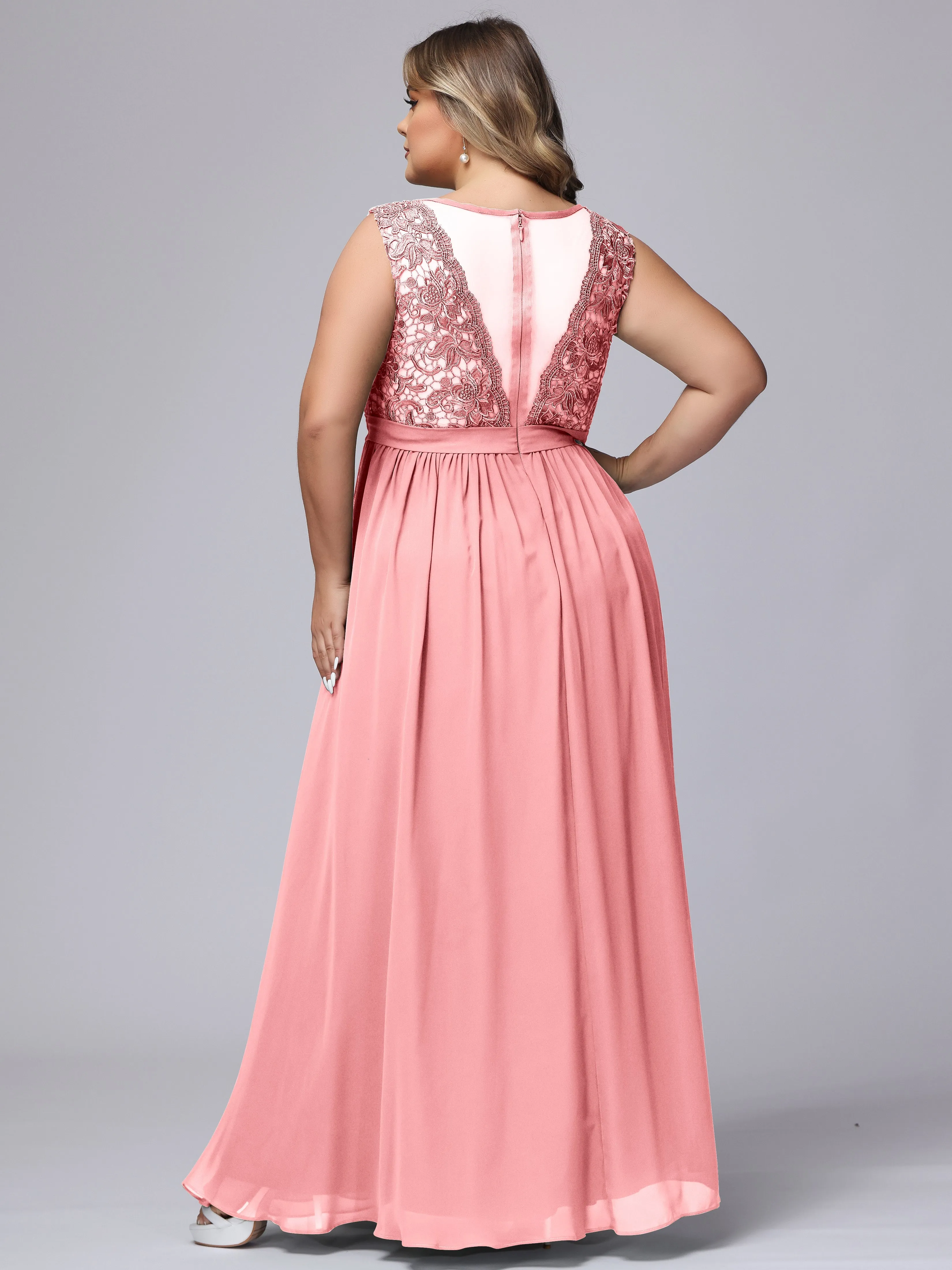 A-Line Sleeveless Lace Top Chiffon Plus Size Bridesmaid Dresses