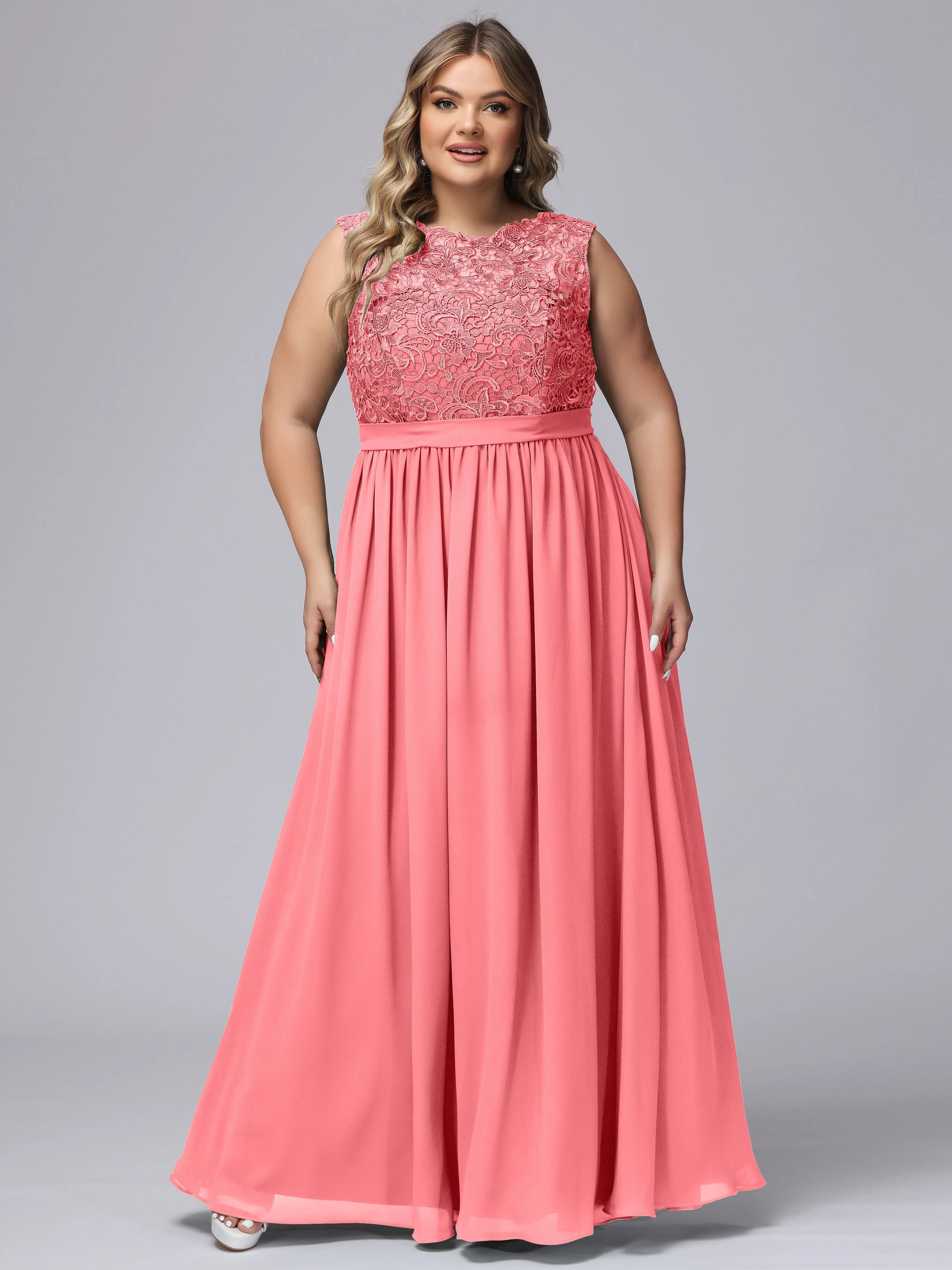 A-Line Sleeveless Lace Top Chiffon Plus Size Bridesmaid Dresses