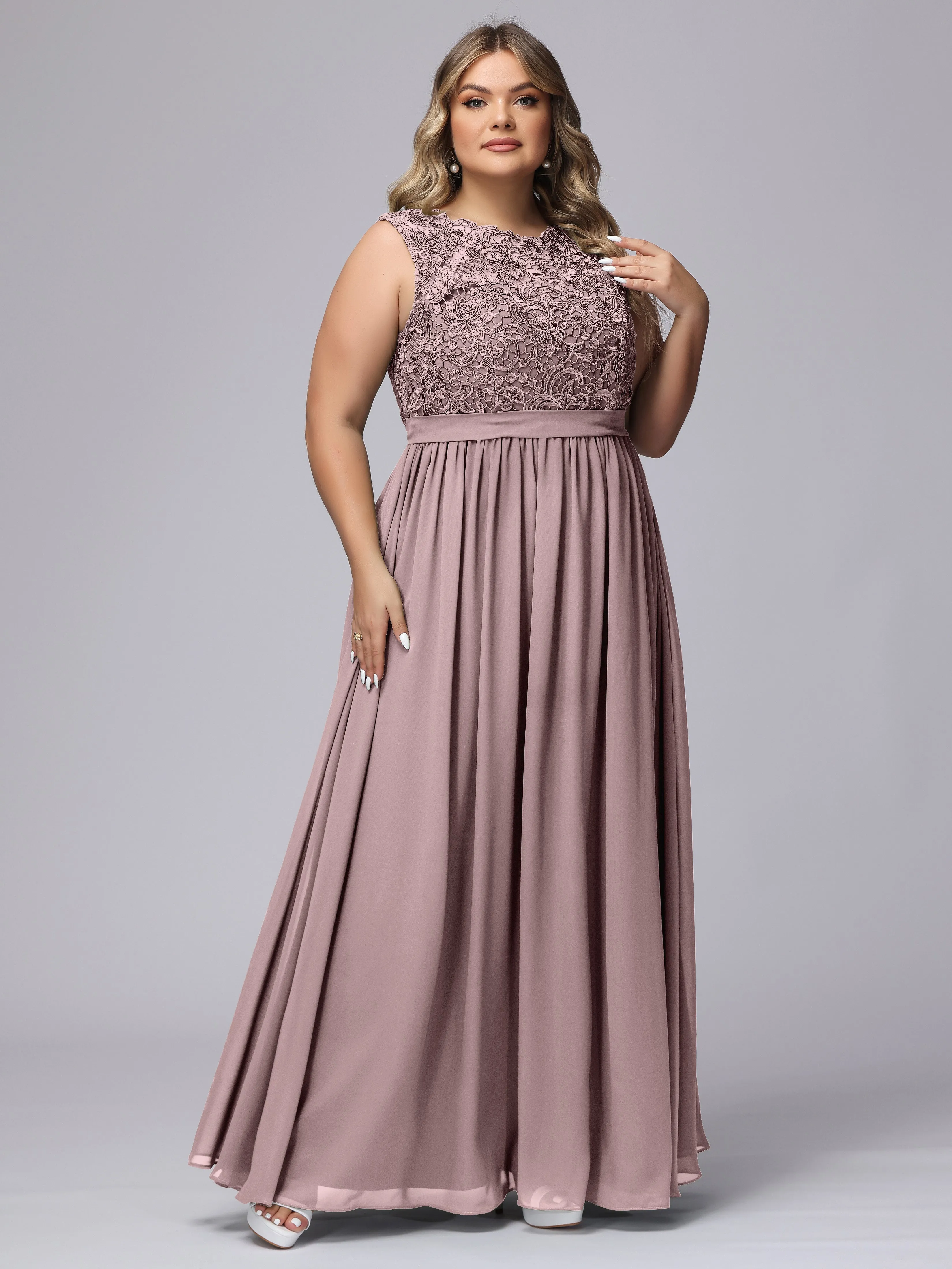 A-Line Sleeveless Lace Top Chiffon Plus Size Bridesmaid Dresses