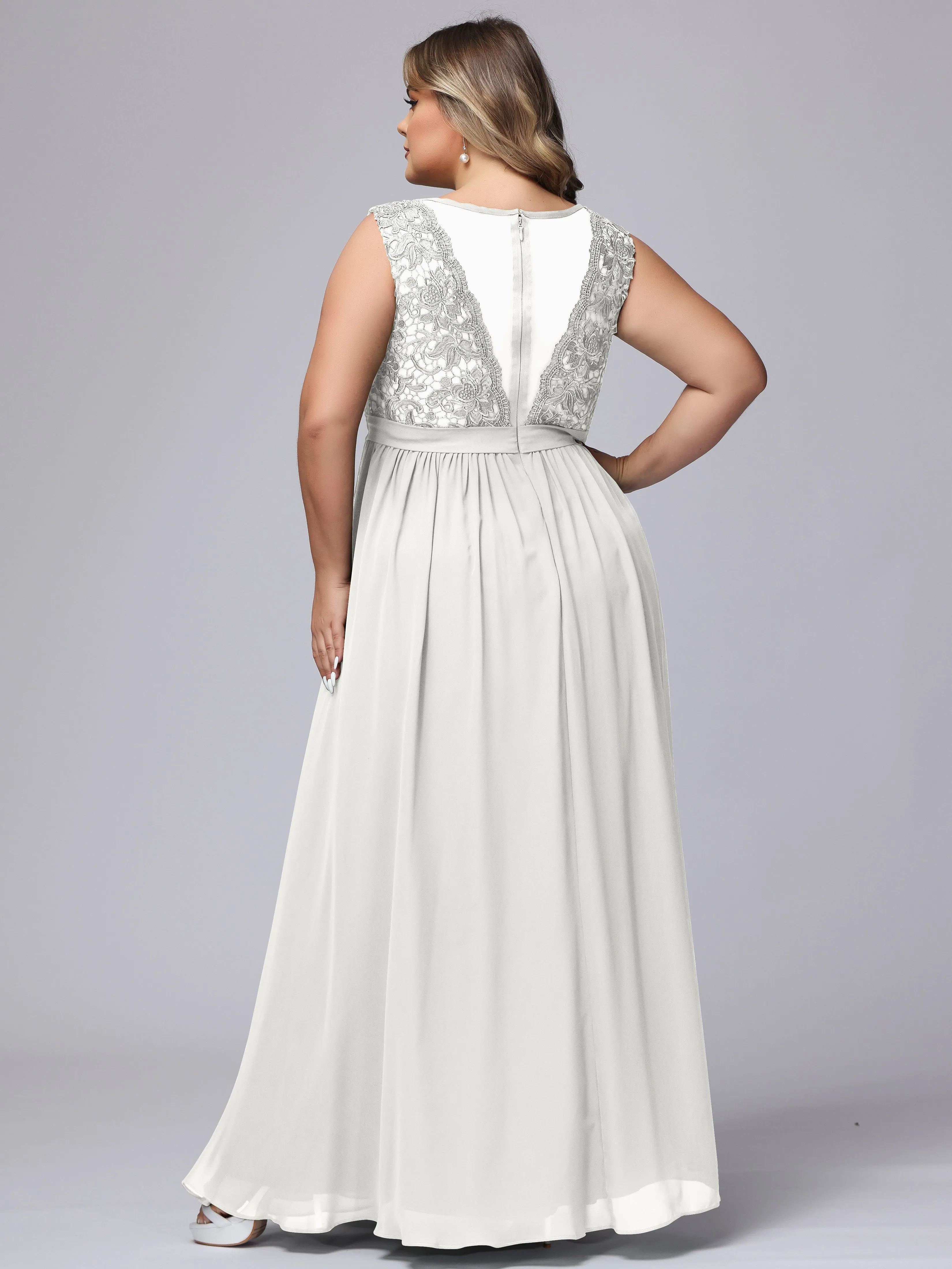 A-Line Sleeveless Lace Top Chiffon Plus Size Bridesmaid Dresses