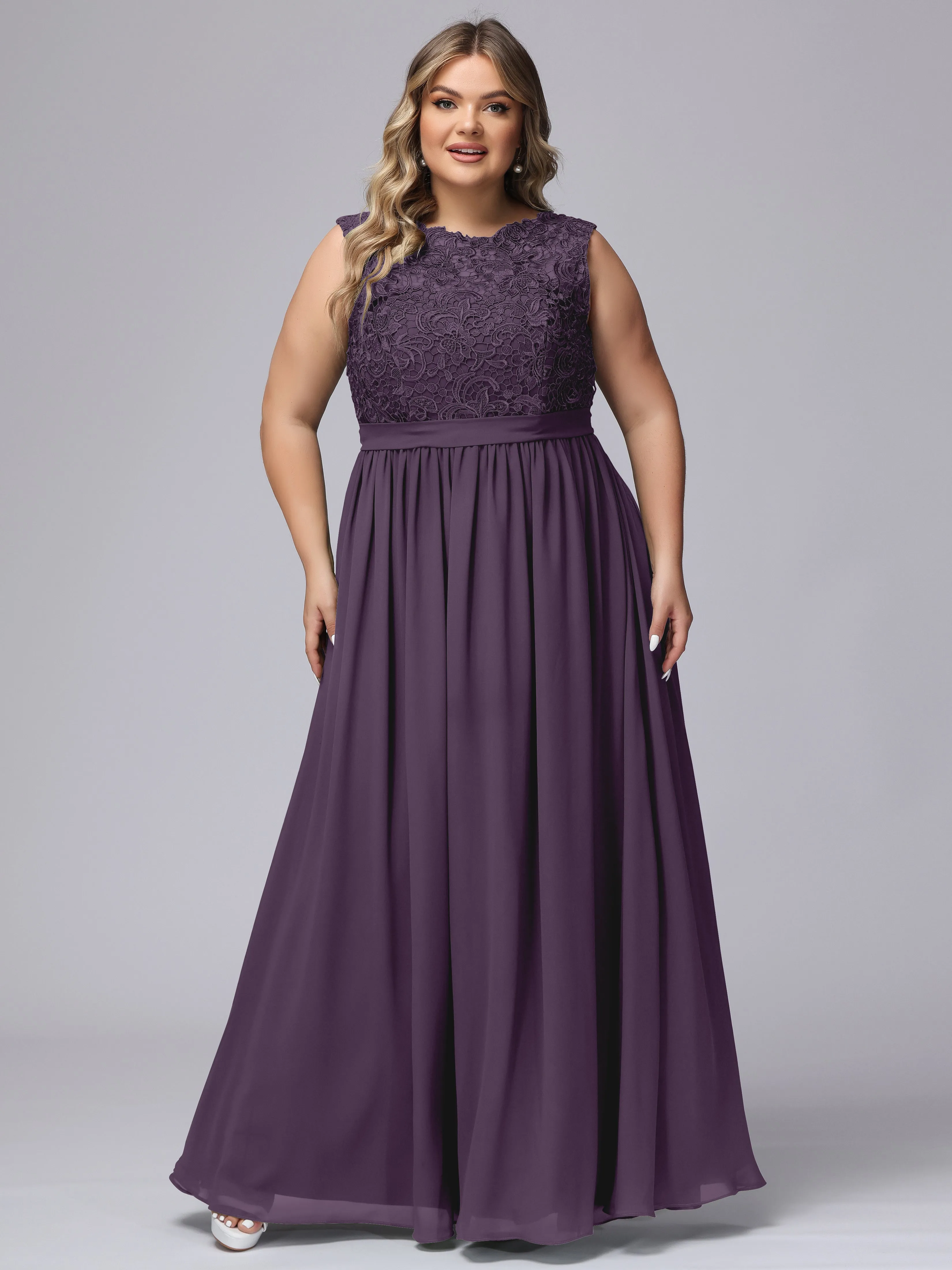A-Line Sleeveless Lace Top Chiffon Plus Size Bridesmaid Dresses