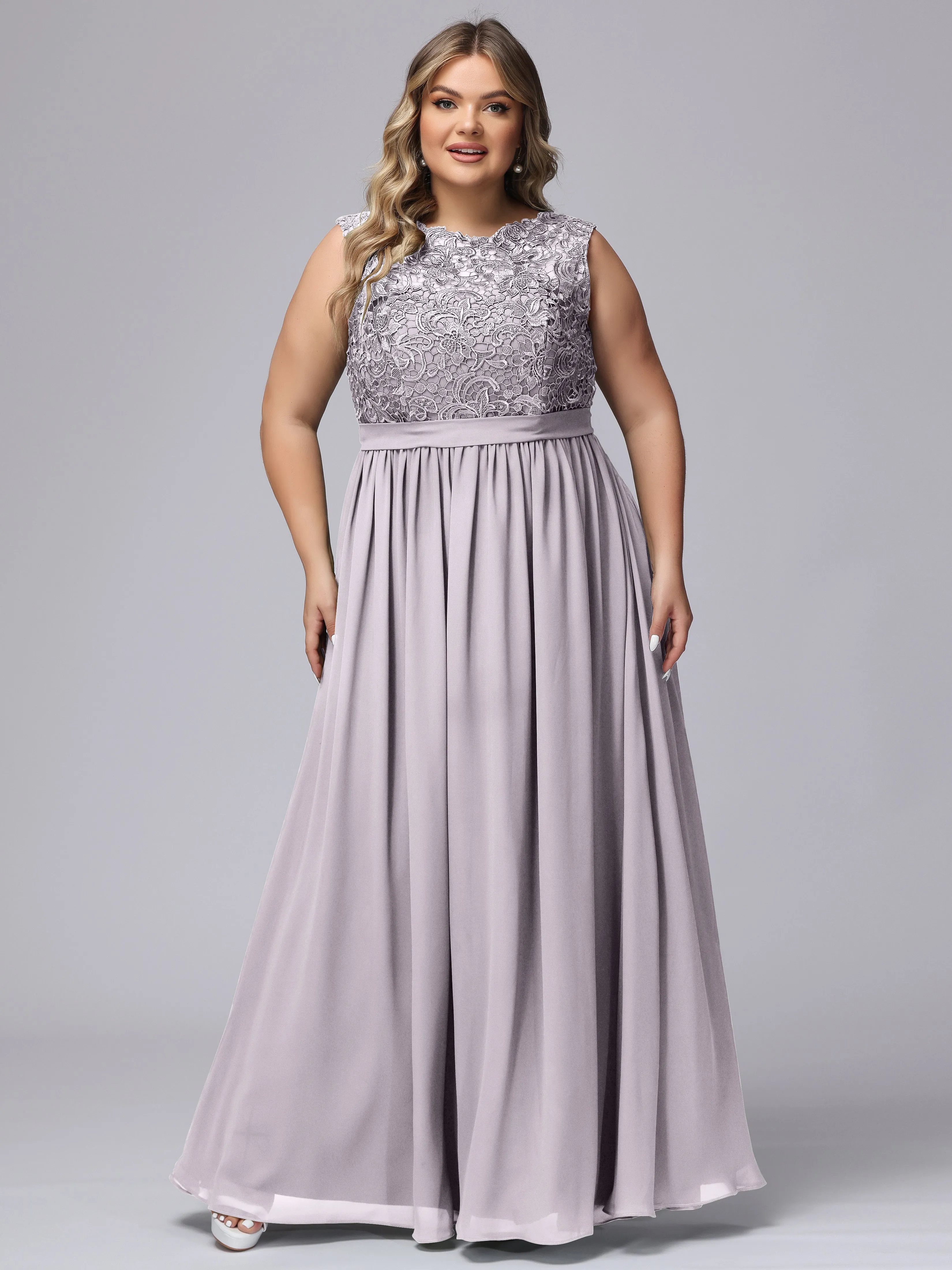 A-Line Sleeveless Lace Top Chiffon Plus Size Bridesmaid Dresses