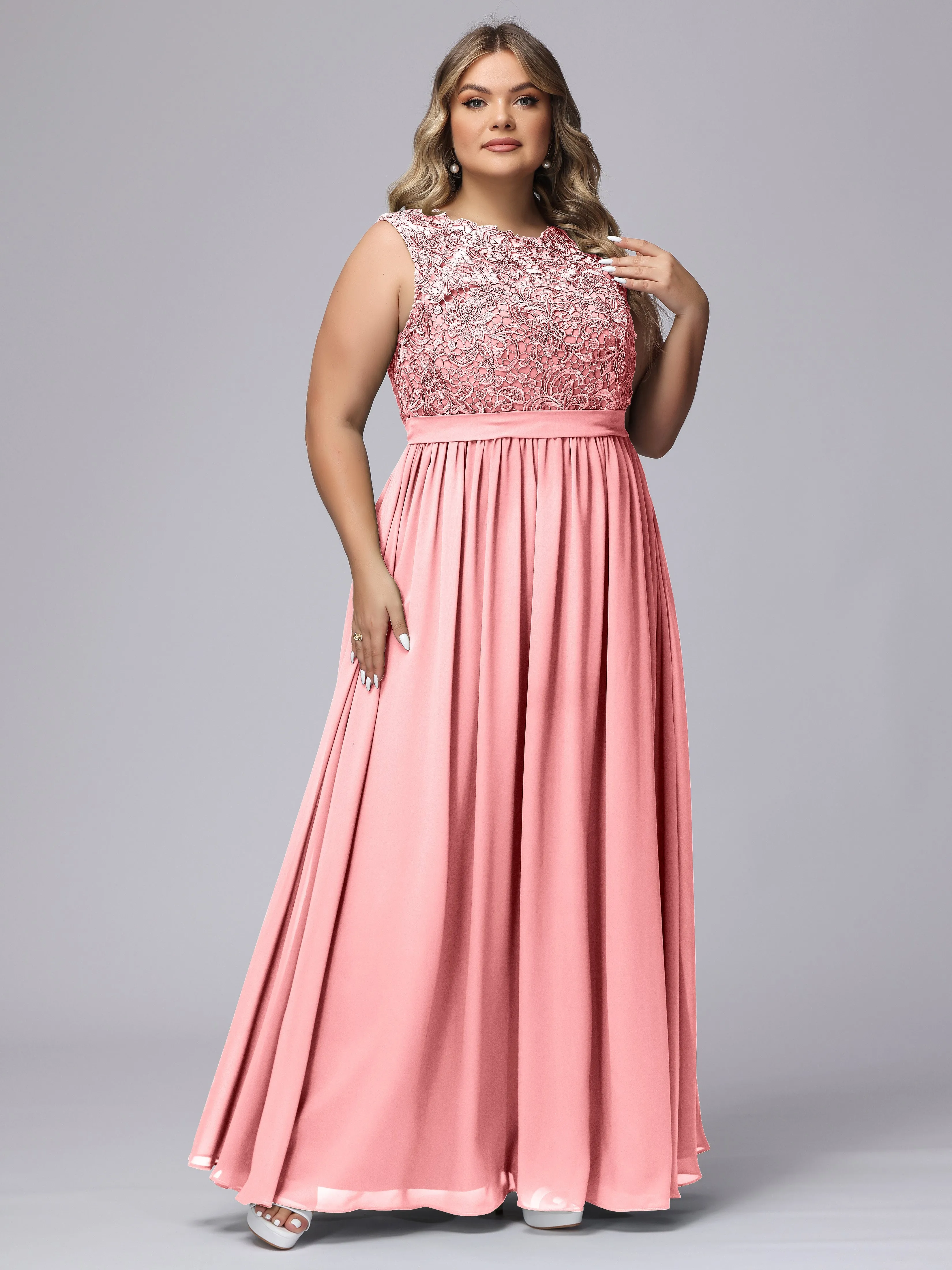 A-Line Sleeveless Lace Top Chiffon Plus Size Bridesmaid Dresses