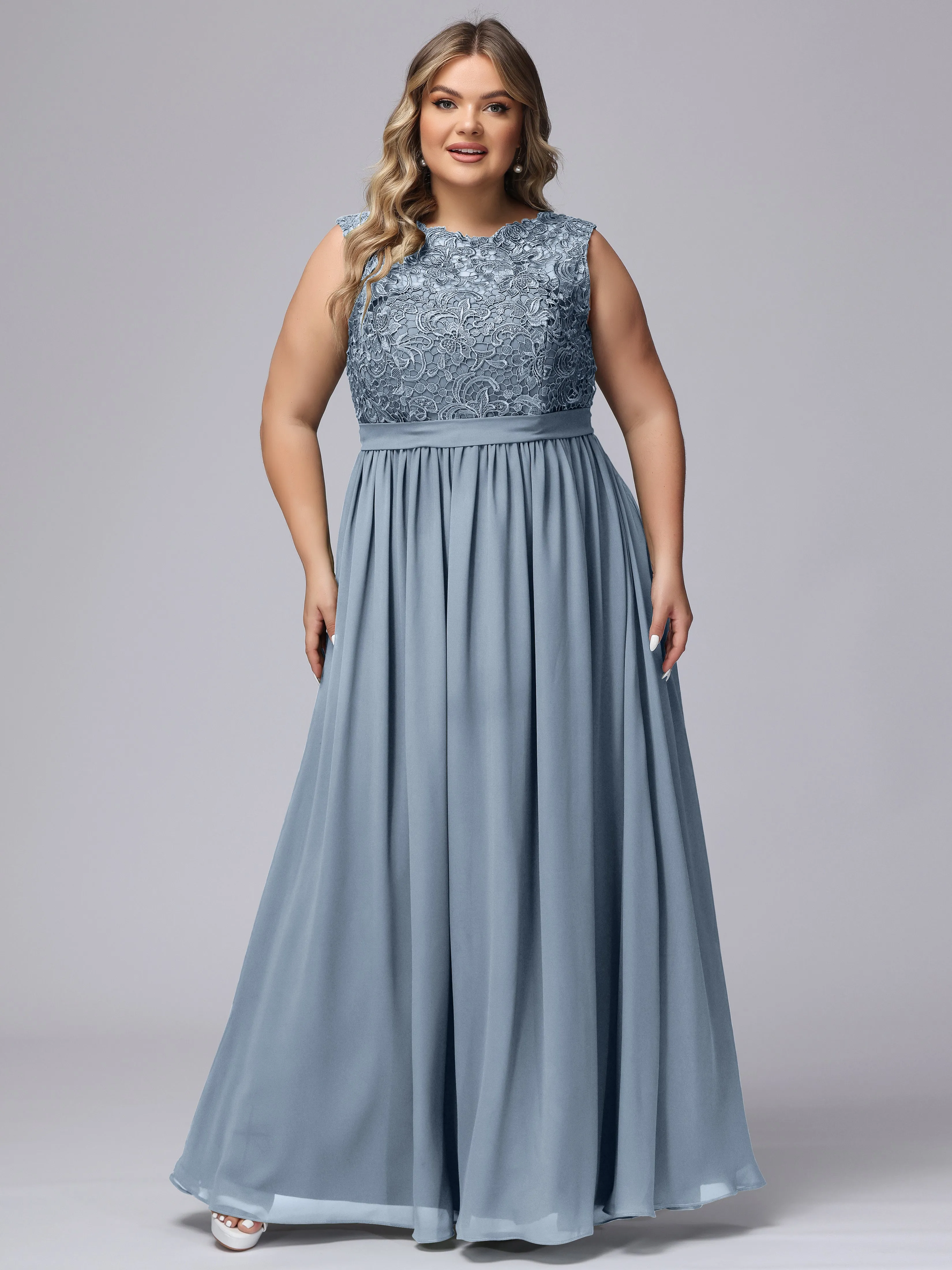 A-Line Sleeveless Lace Top Chiffon Plus Size Bridesmaid Dresses