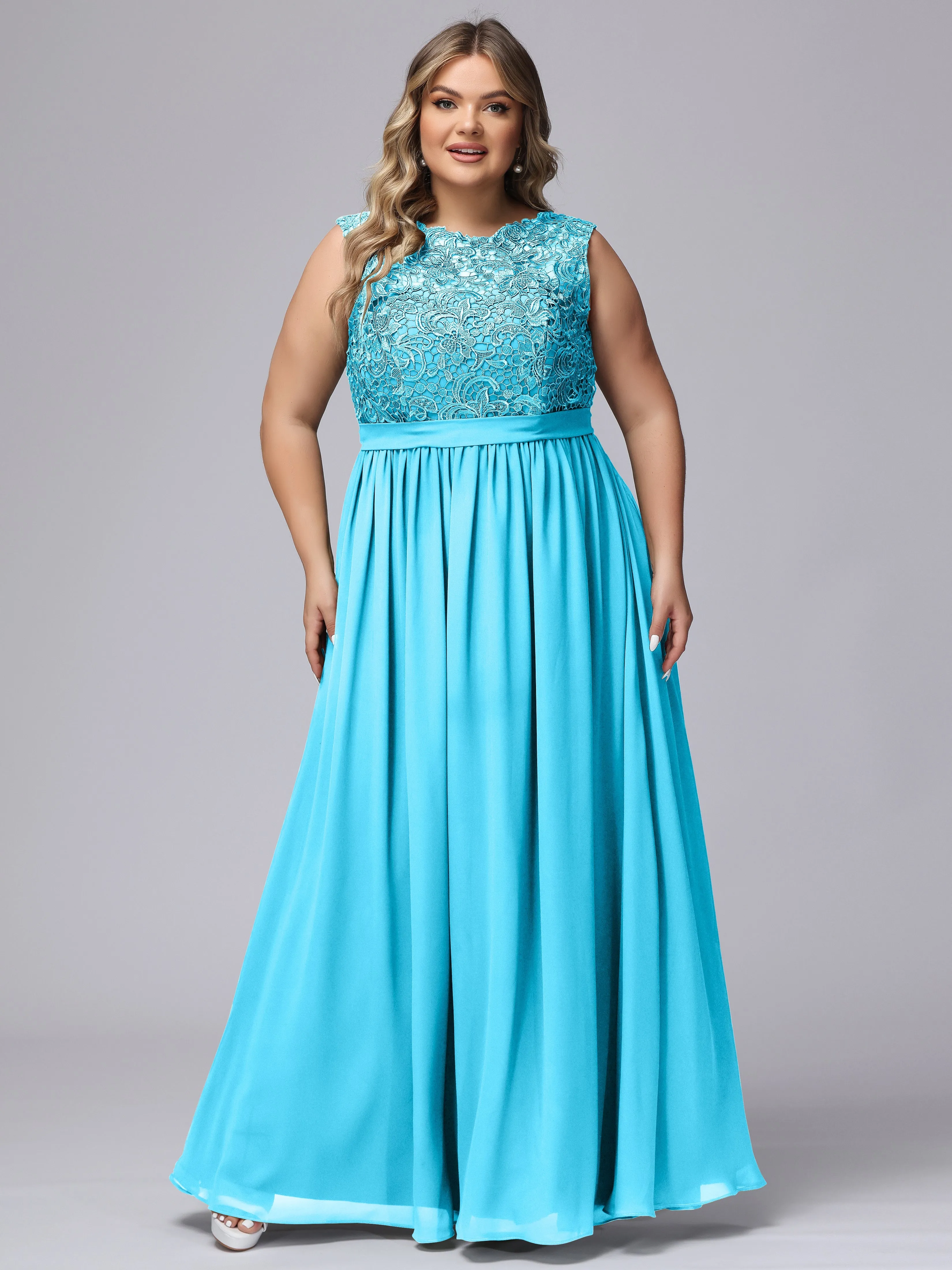 A-Line Sleeveless Lace Top Chiffon Plus Size Bridesmaid Dresses