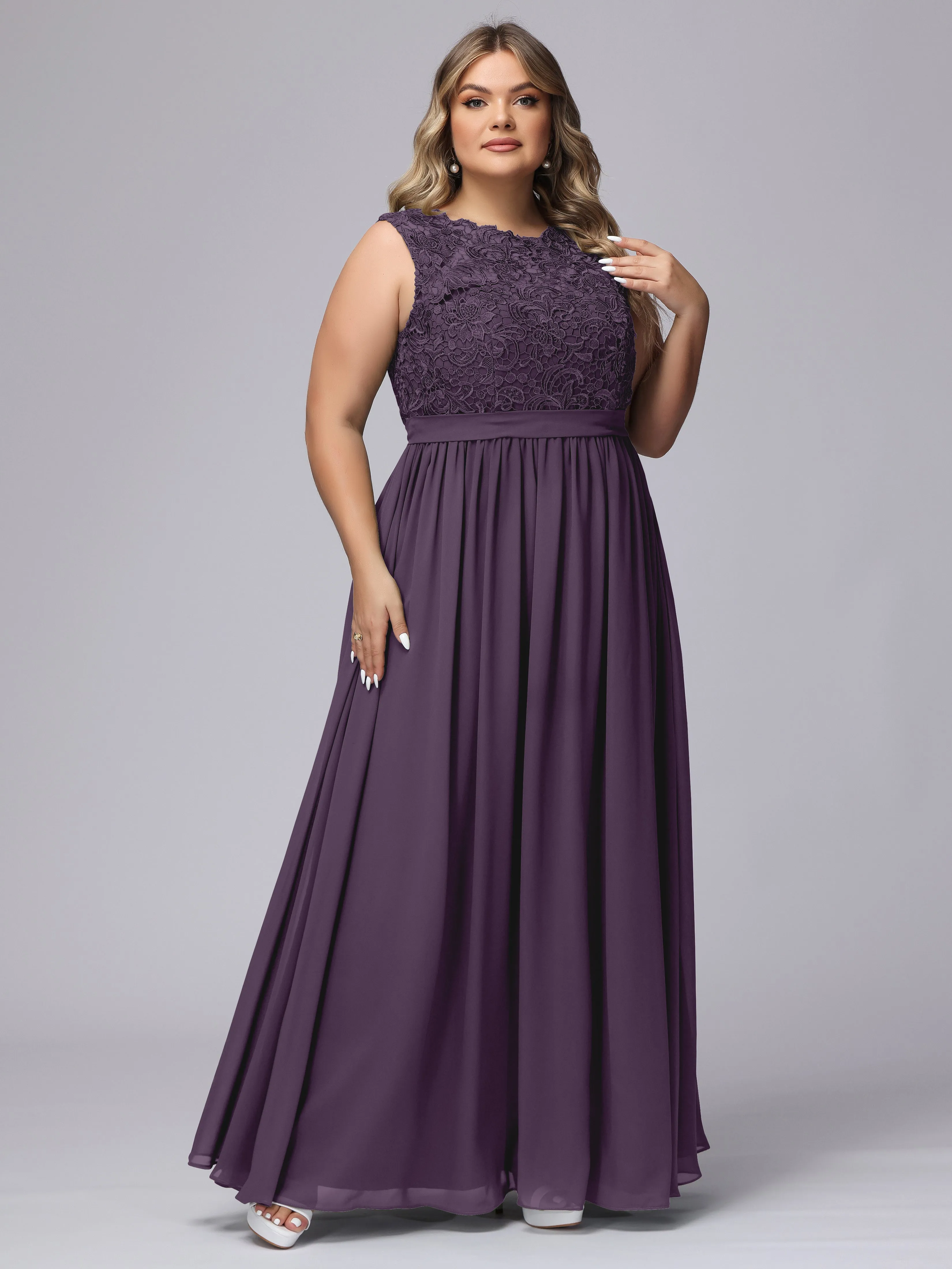 A-Line Sleeveless Lace Top Chiffon Plus Size Bridesmaid Dresses